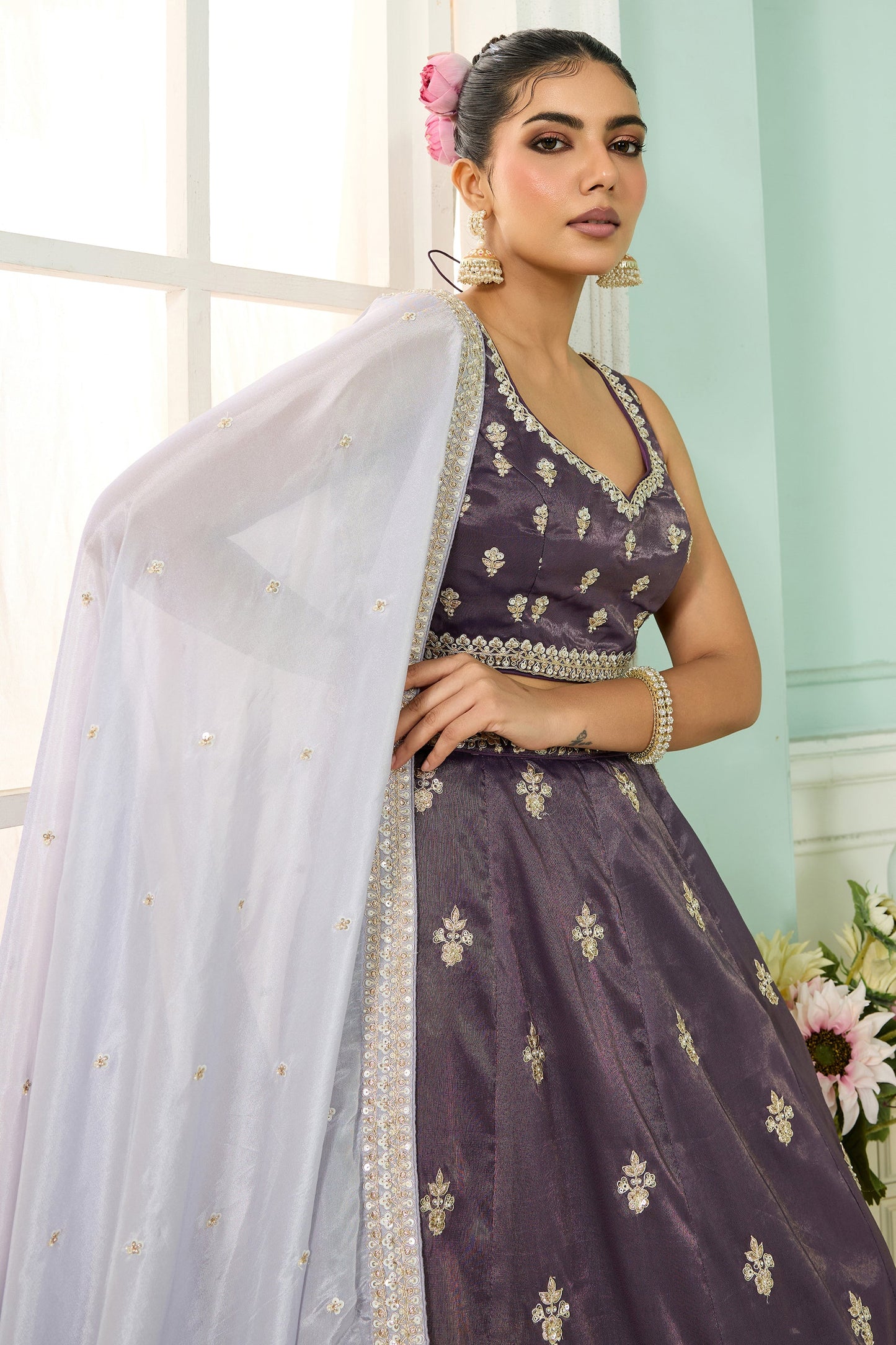 Purple Semi-Stitched Embroidered Tissue Lehenga-SAR10684_2_SareeButa.com