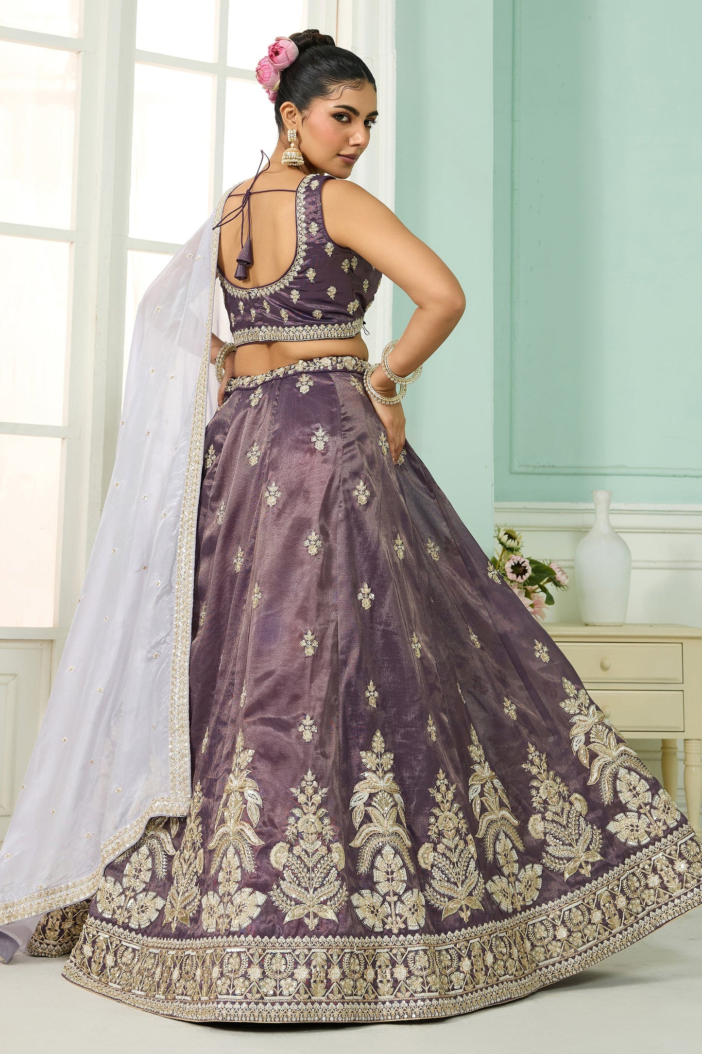 Purple Semi-Stitched Embroidered Tissue Lehenga-SAR10684_3_SareeButa.com