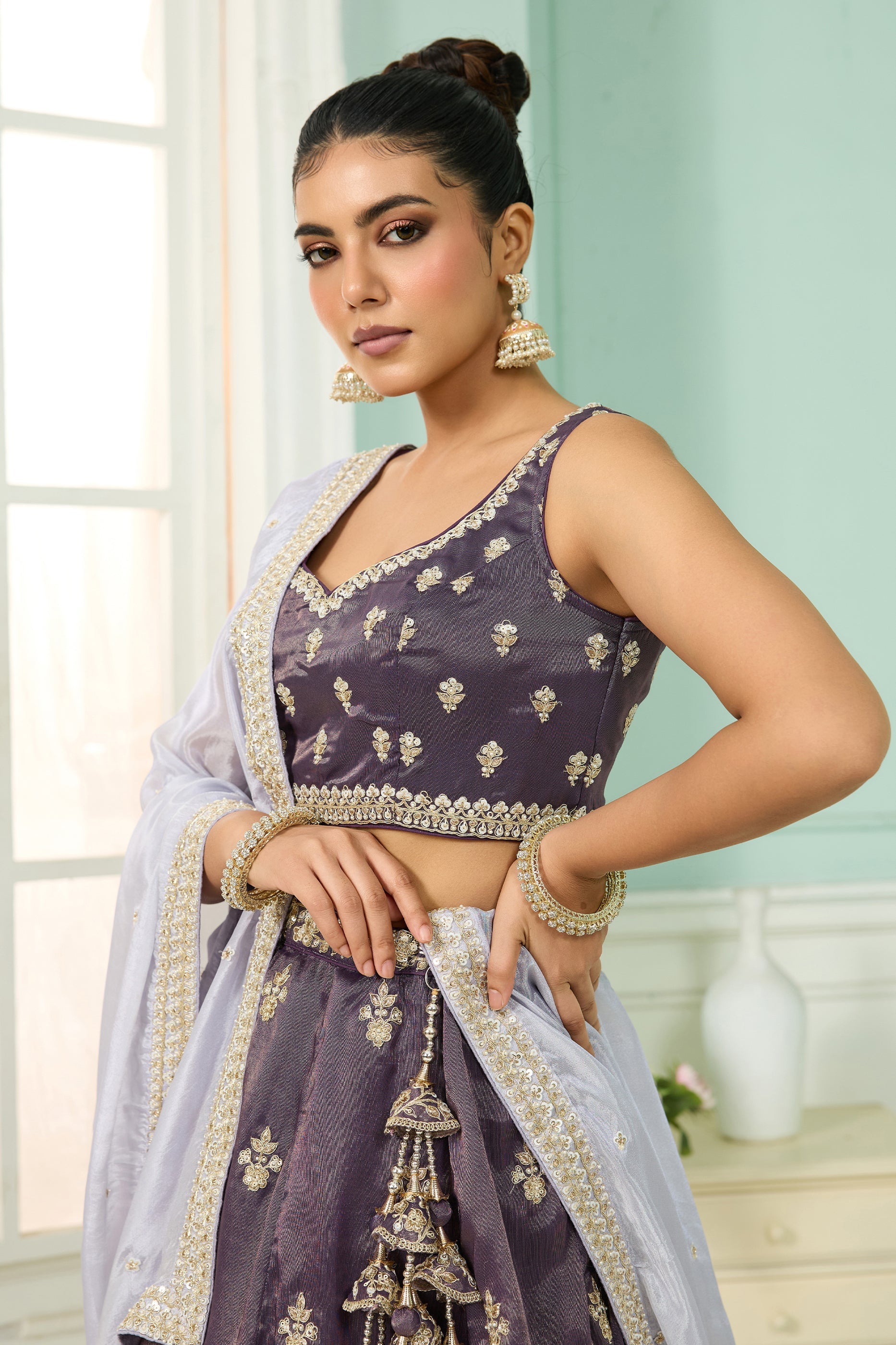Purple Semi-Stitched Embroidered Tissue Lehenga-SAR10684_4_SareeButa.com
