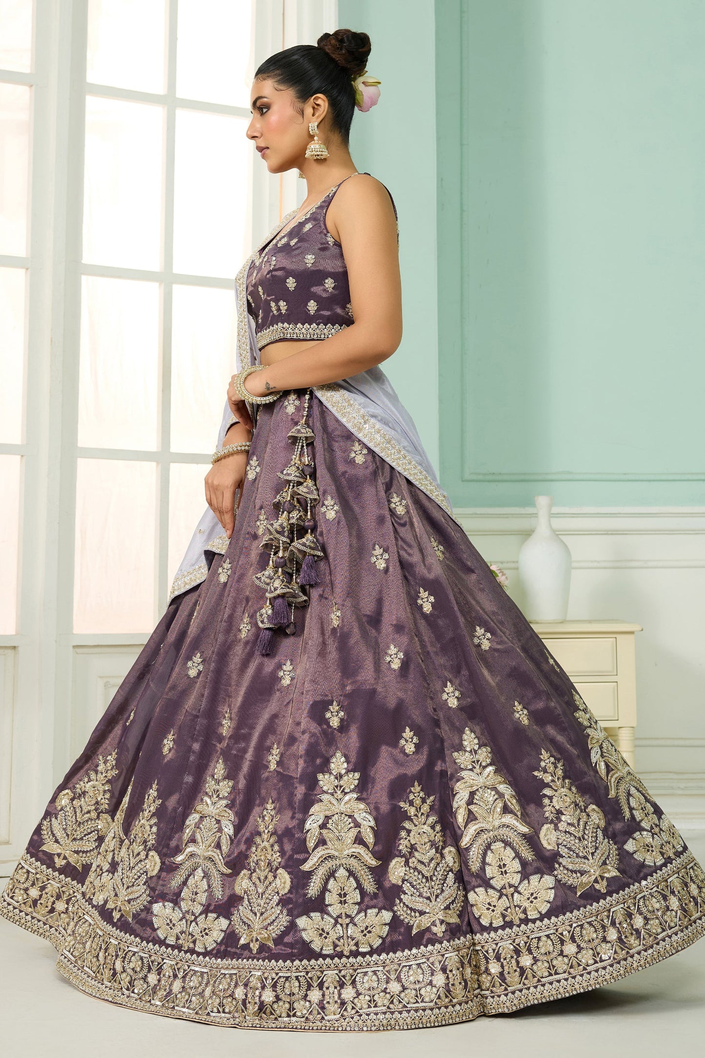 Purple Semi-Stitched Embroidered Tissue Lehenga-SAR10684_5_SareeButa.com
