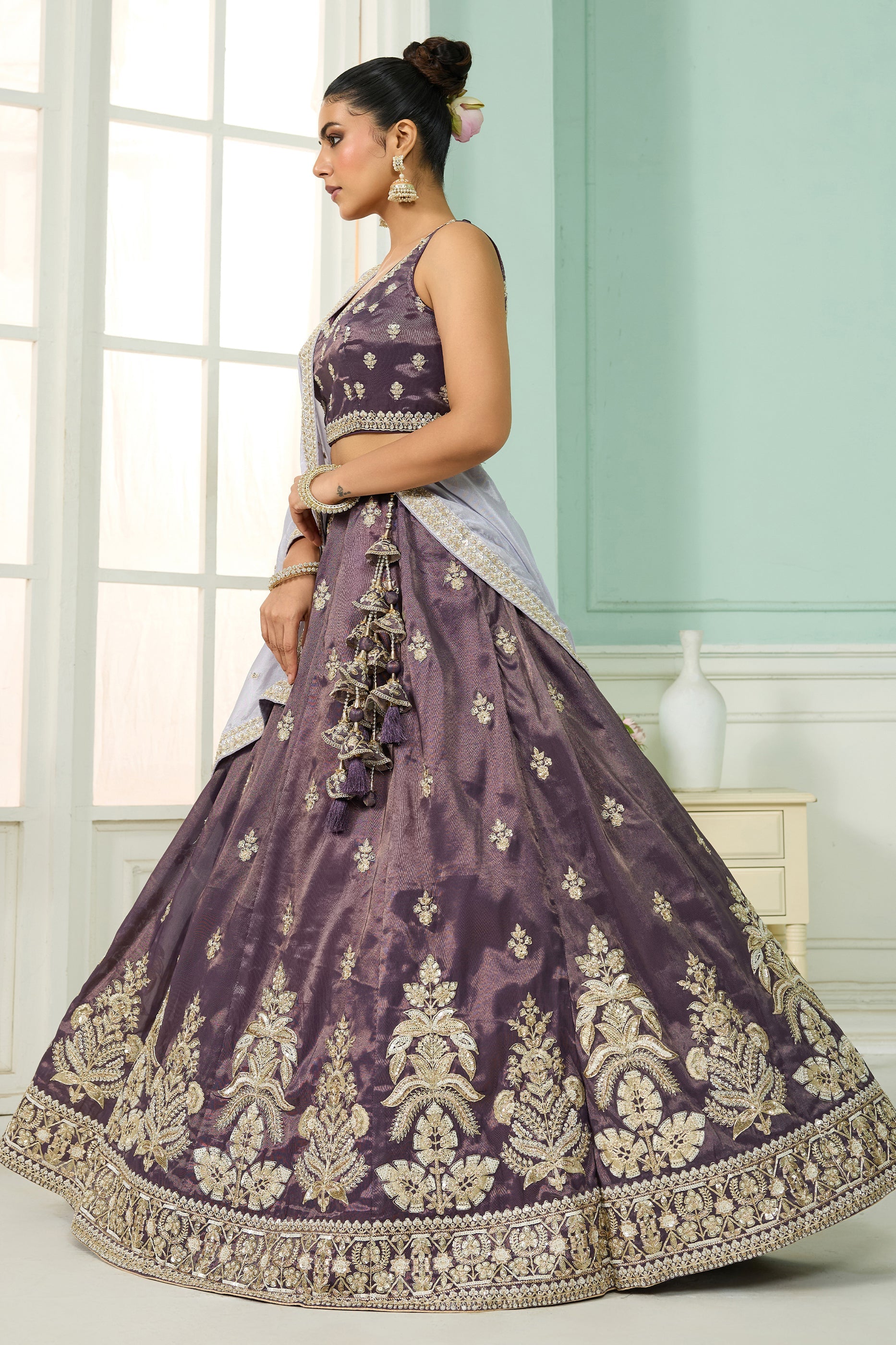Purple Semi-Stitched Embroidered Tissue Lehenga-SAR10684_5_SareeButa.com