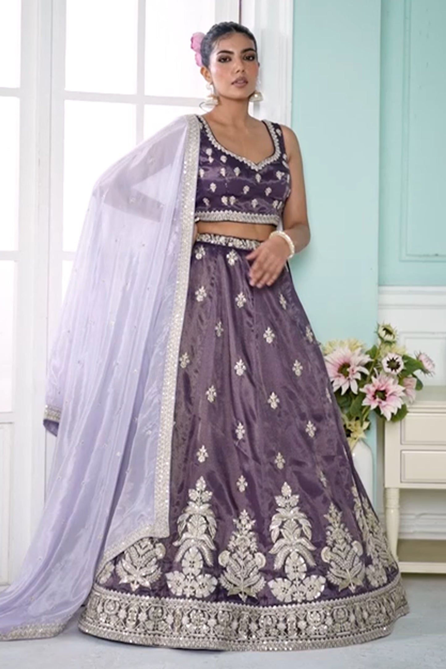Purple Semi-Stitched Embroidered Tissue Lehenga