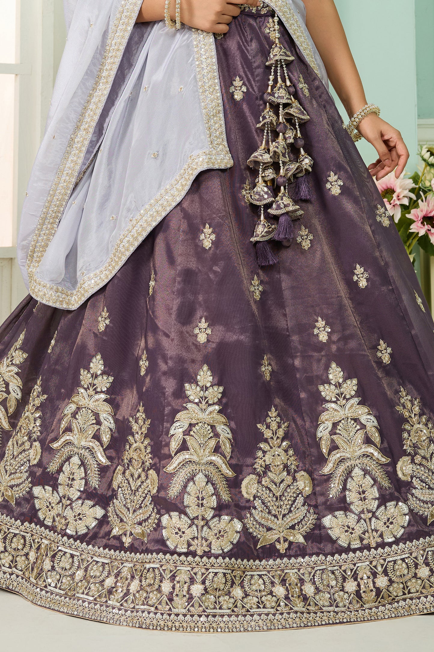 Purple Semi-Stitched Embroidered Tissue Lehenga