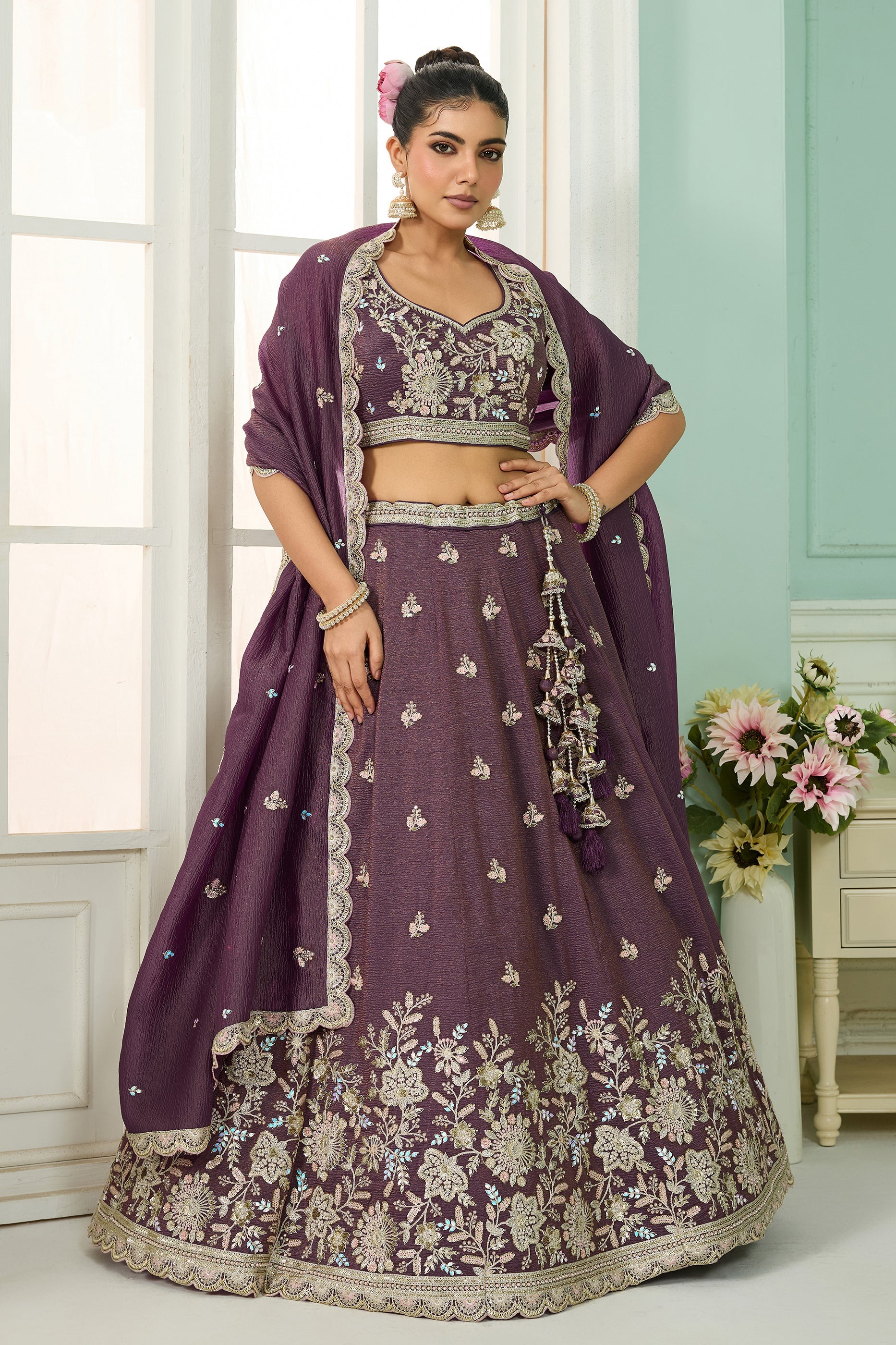 Purple Semi-Stitched Embroidered Tissue Lehenga-SAR10689_1_SareeButa.com