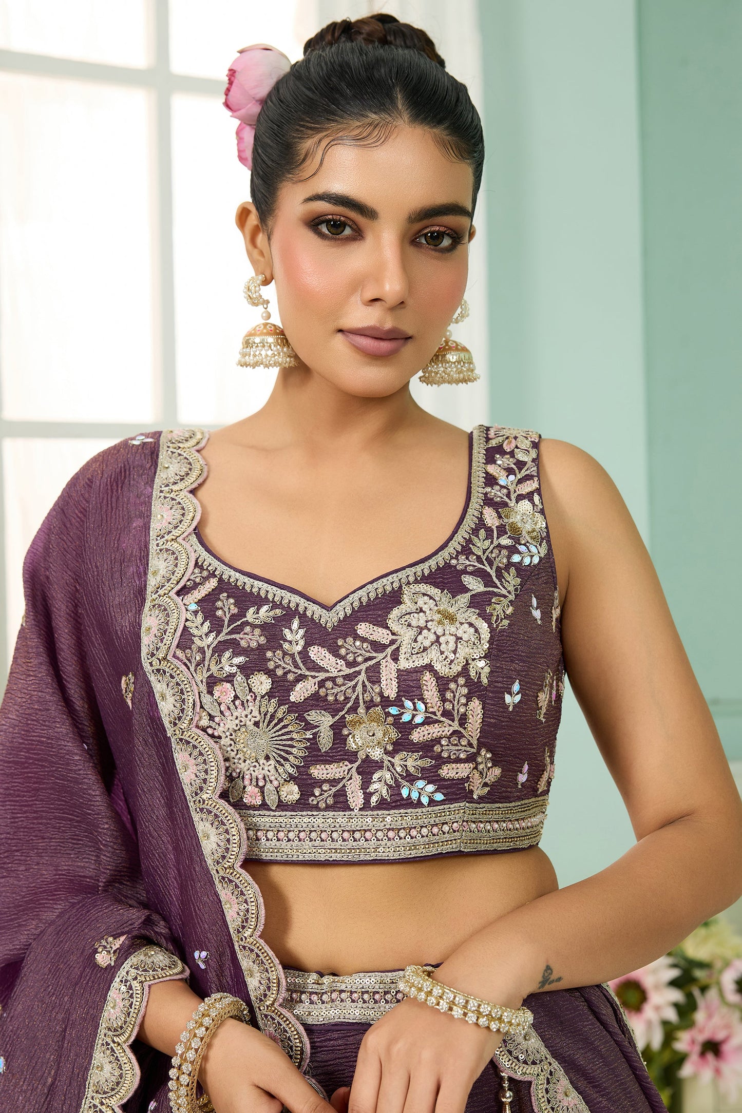 Purple Semi-Stitched Embroidered Tissue Lehenga-SAR10689_3_SareeButa.com