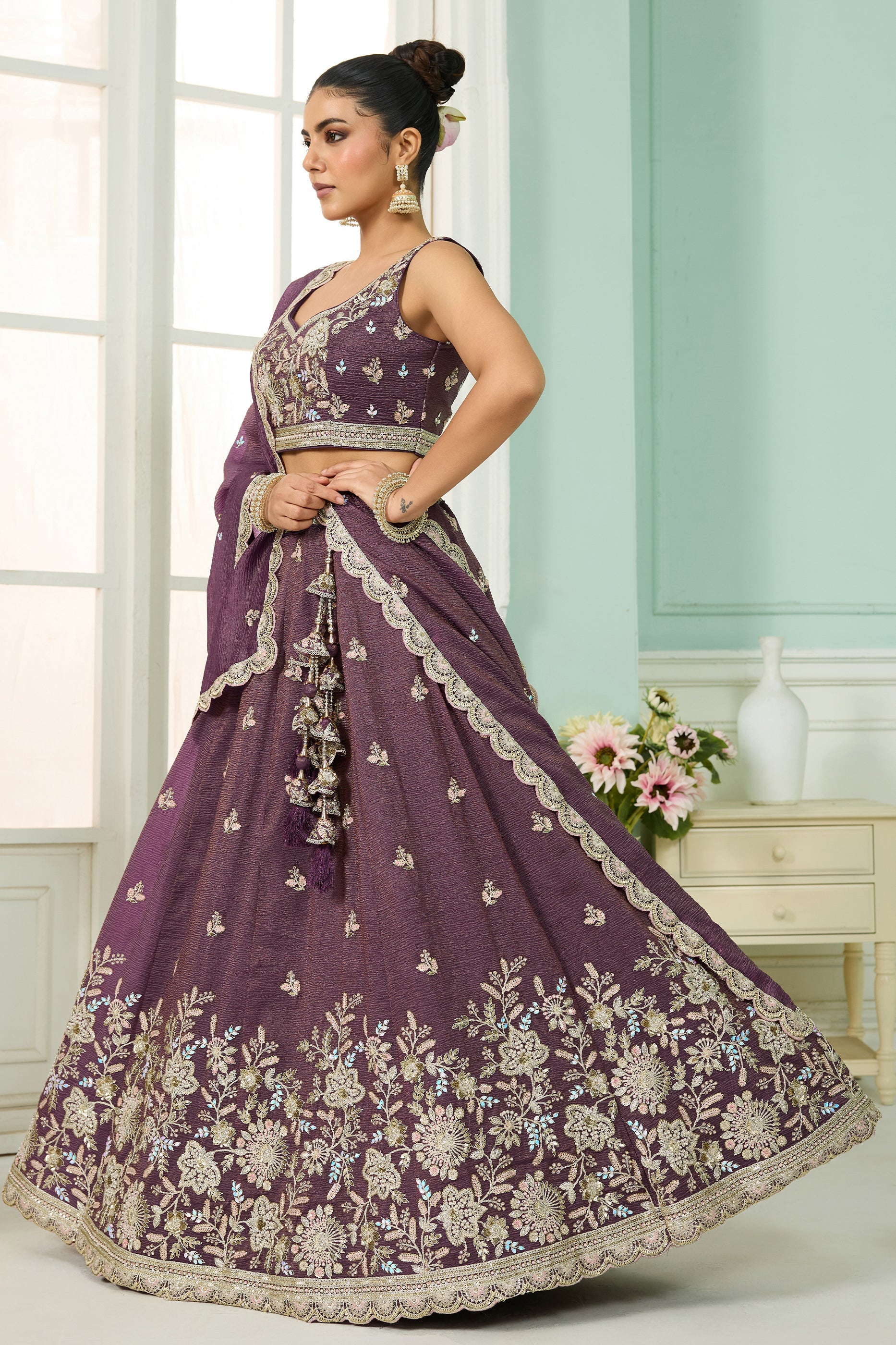 Purple Semi-Stitched Embroidered Tissue Lehenga-SAR10689_4_SareeButa.com