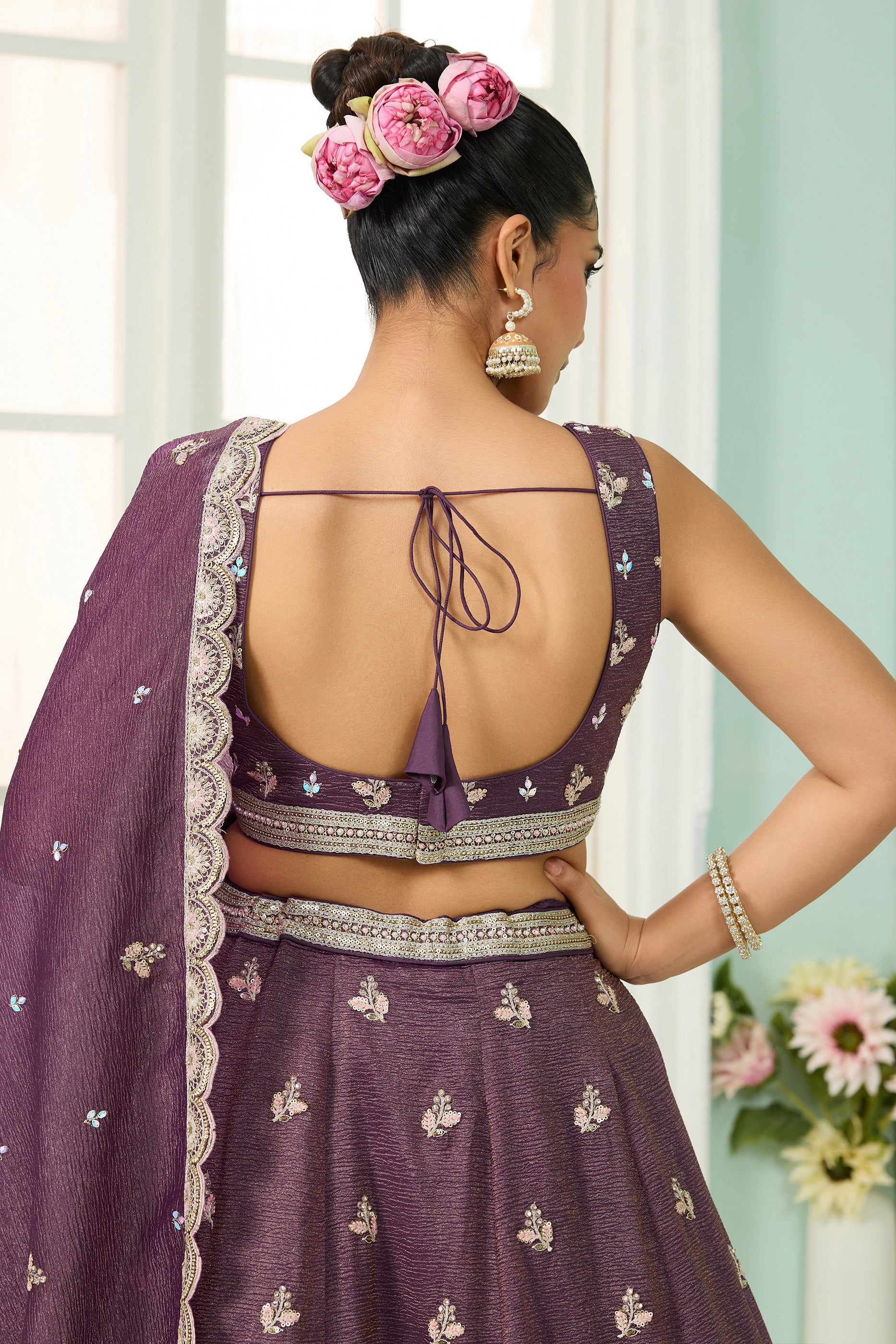 Purple Semi-Stitched Embroidered Tissue Lehenga-SAR10689_5_SareeButa.com