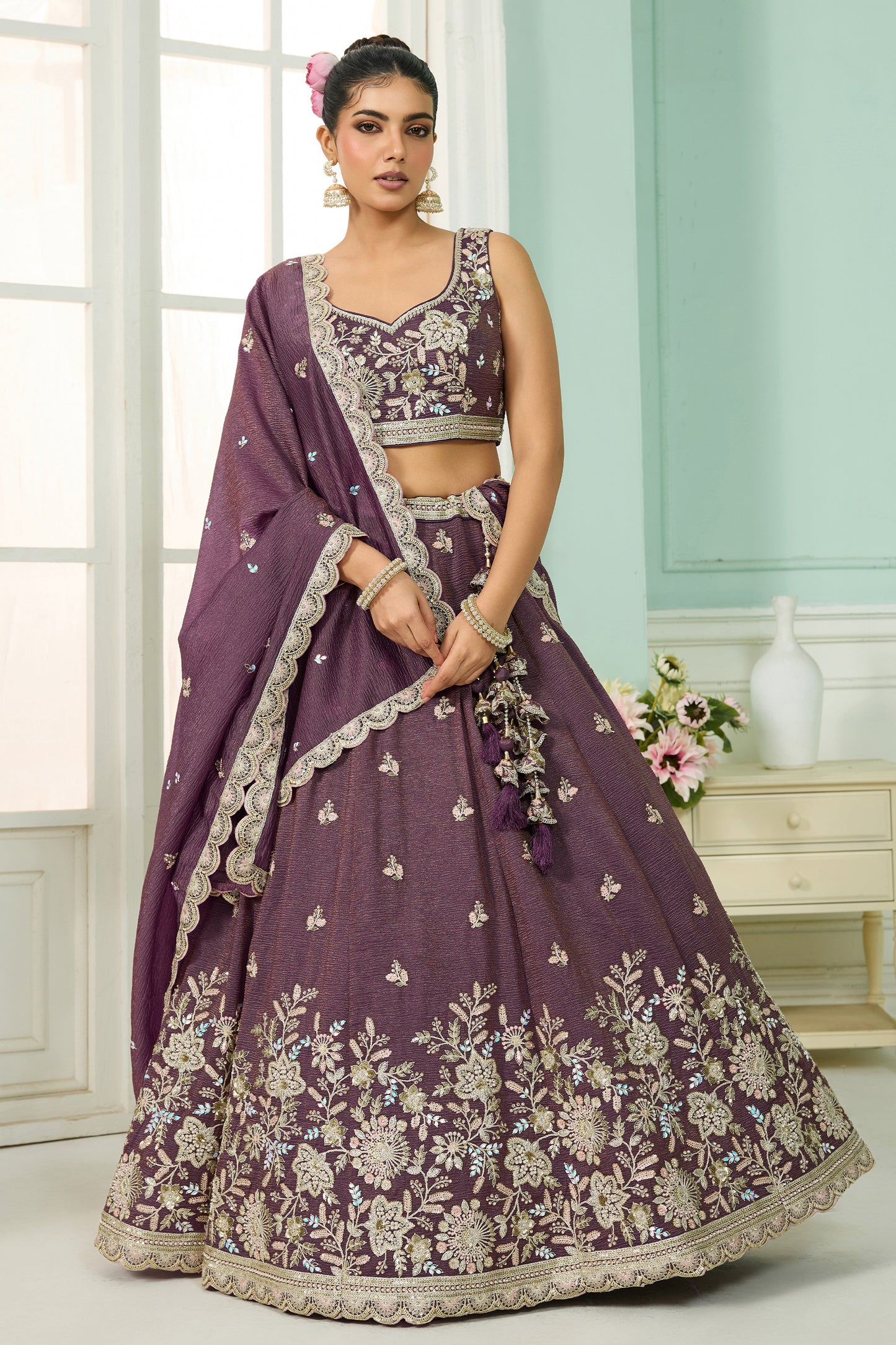 Purple Semi-Stitched Embroidered Tissue Lehenga