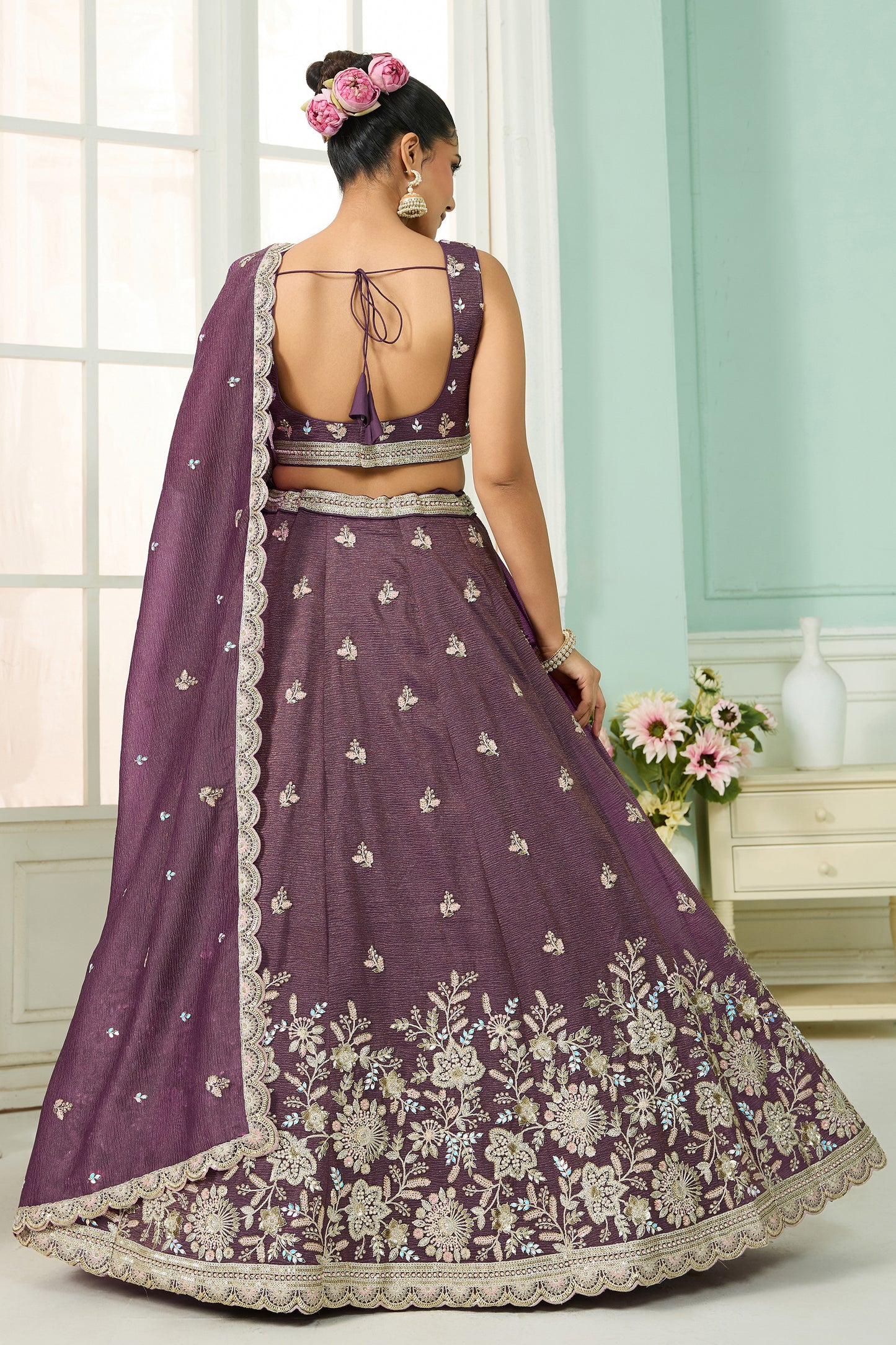 Purple Semi-Stitched Embroidered Tissue Lehenga