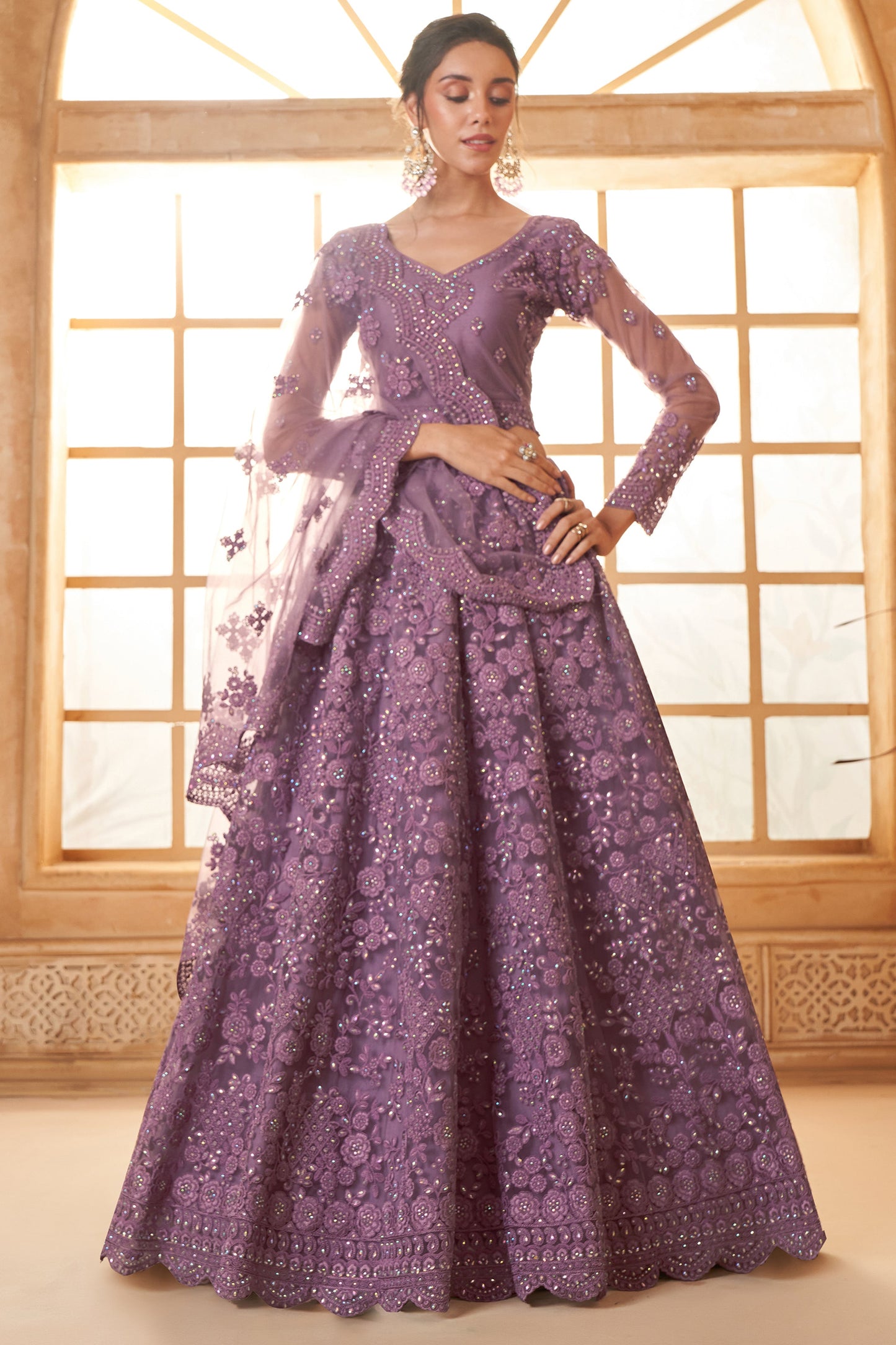 Purple Semi Stitched Embroidered Net Lehenga-LC41_1_SareeButa.com