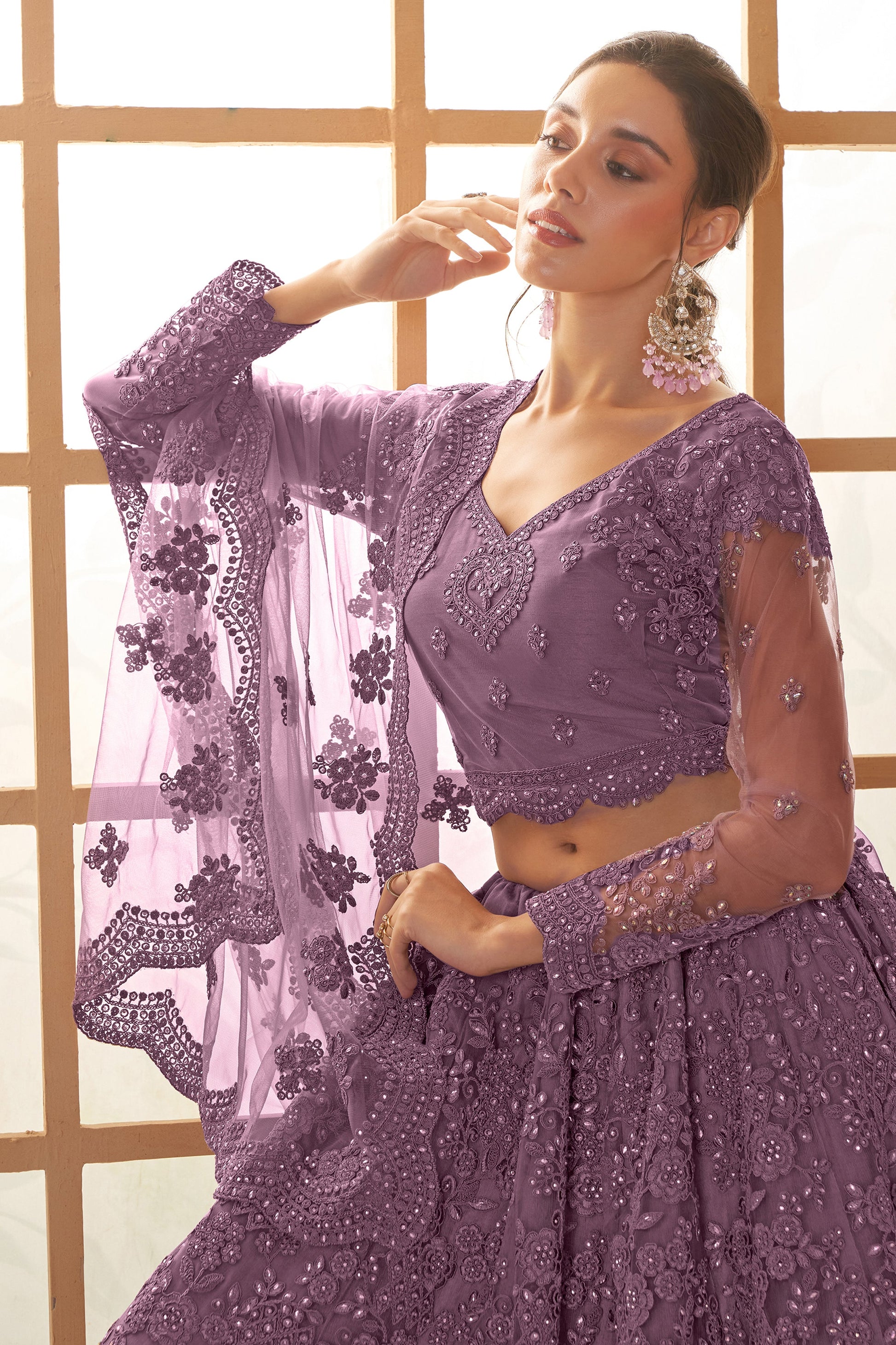 Purple Semi Stitched Embroidered Net Lehenga-LC41_2_SareeButa.com