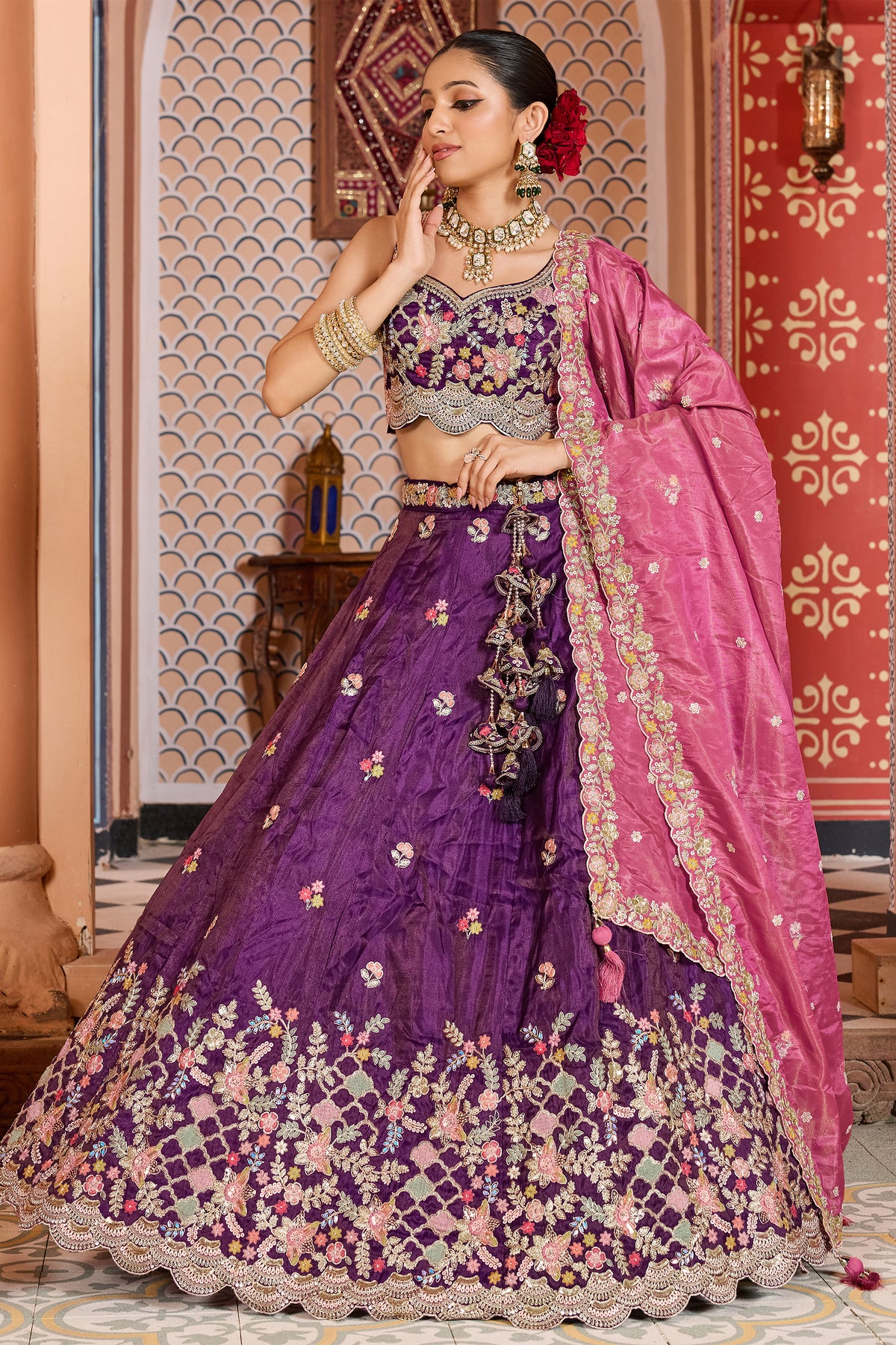 Purple Semi Stitched Embroidered Tissue Lehenga-SAR12849_1_SareeButa.com