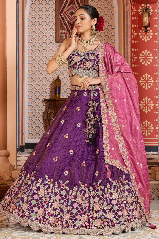 Purple Semi Stitched Embroidered Tissue Lehenga-SAR12849_1_SareeButa.com