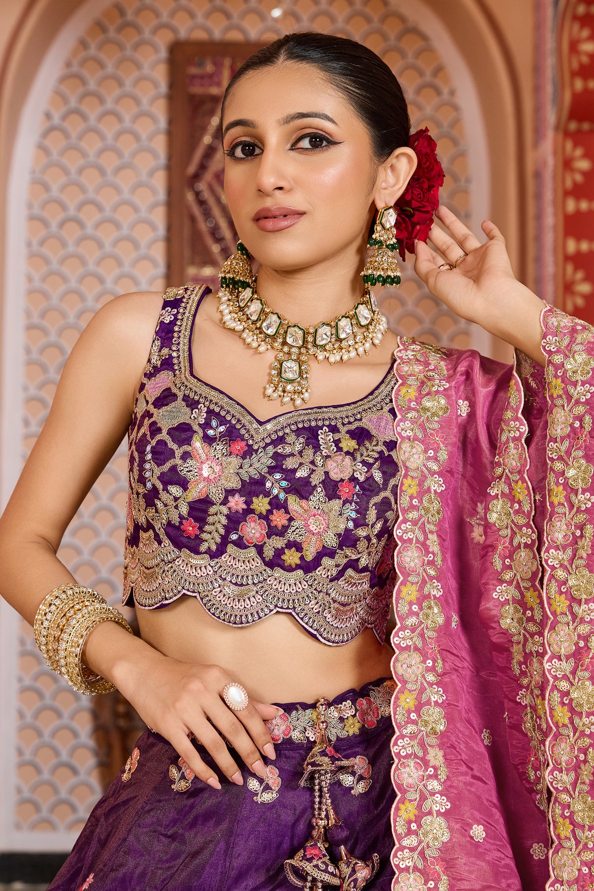 Purple Semi Stitched Embroidered Tissue Lehenga-SAR12849_2_SareeButa.com