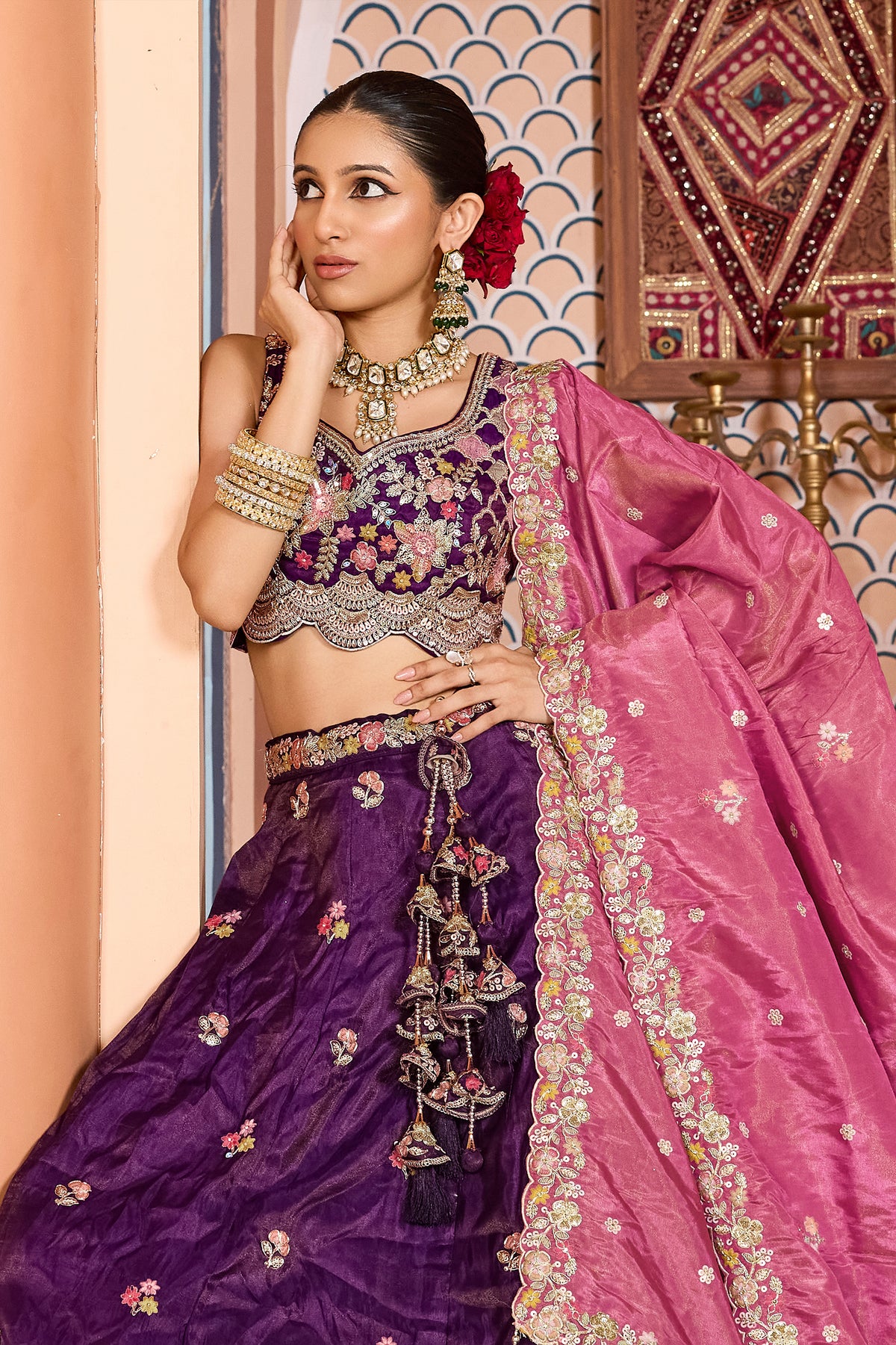 Purple Semi Stitched Embroidered Tissue Lehenga-SAR12849_3_SareeButa.com