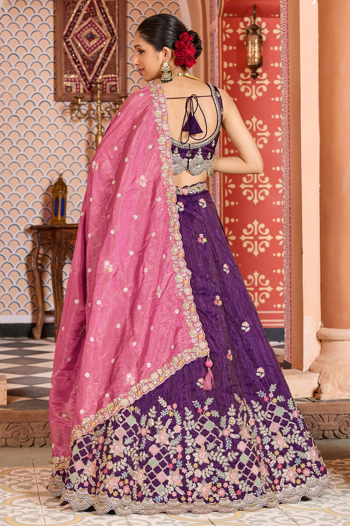 Purple Semi Stitched Embroidered Tissue Lehenga-SAR12849_4_SareeButa.com
