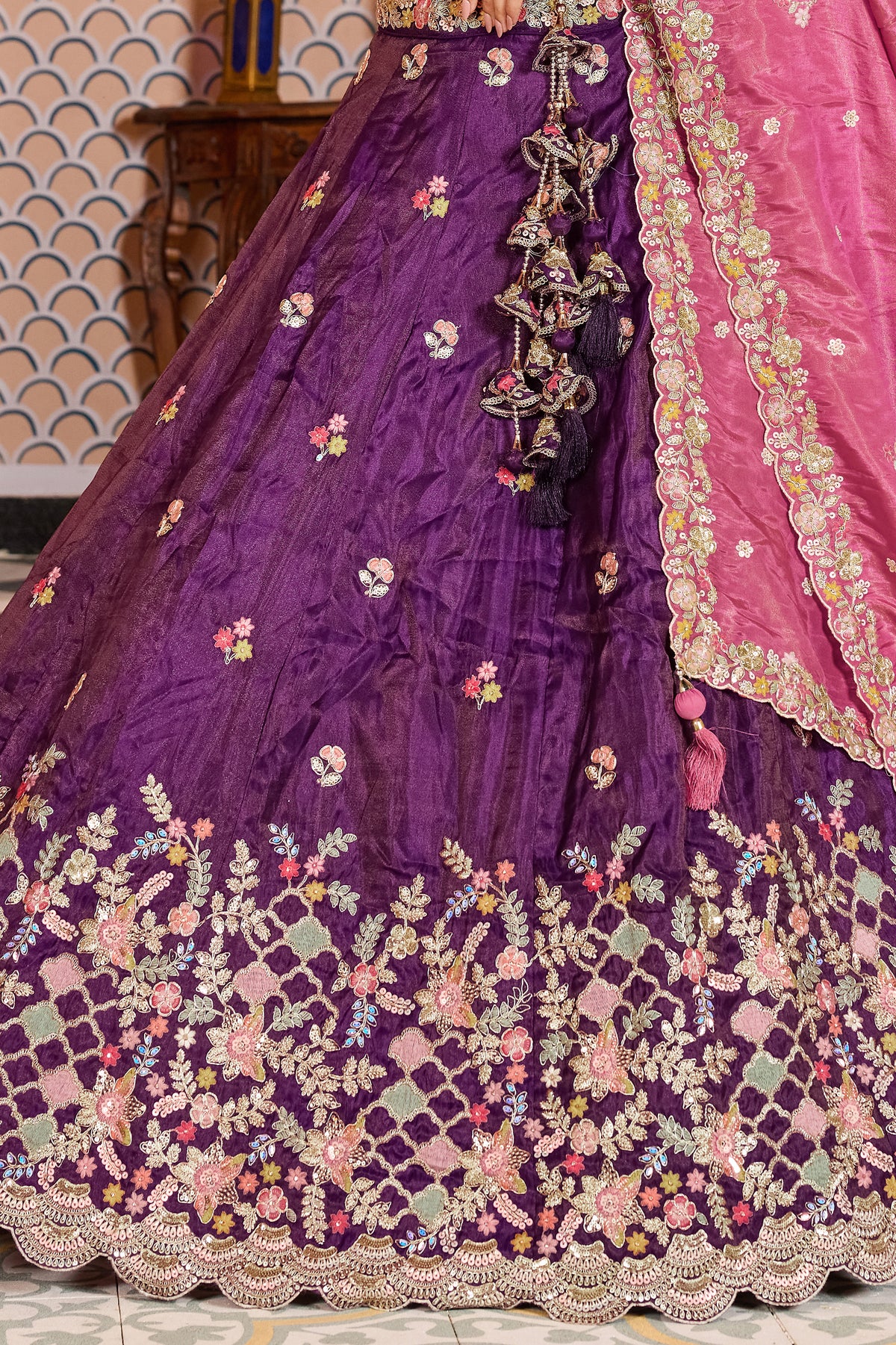 Purple Semi Stitched Embroidered Tissue Lehenga-SAR12849_5_SareeButa.com