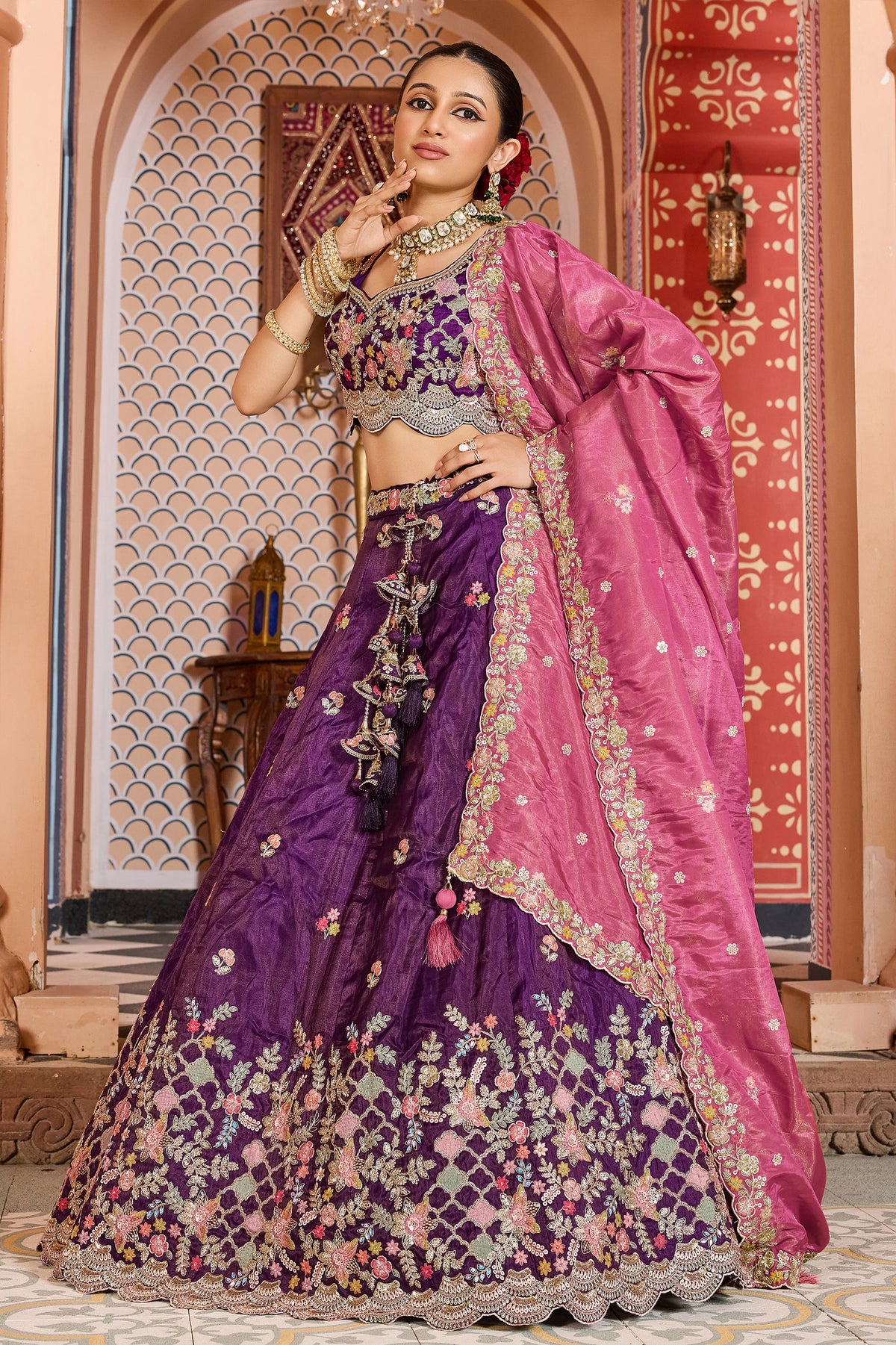 Purple Semi Stitched Embroidered Tissue Lehenga-SAR12849_6_SareeButa.com