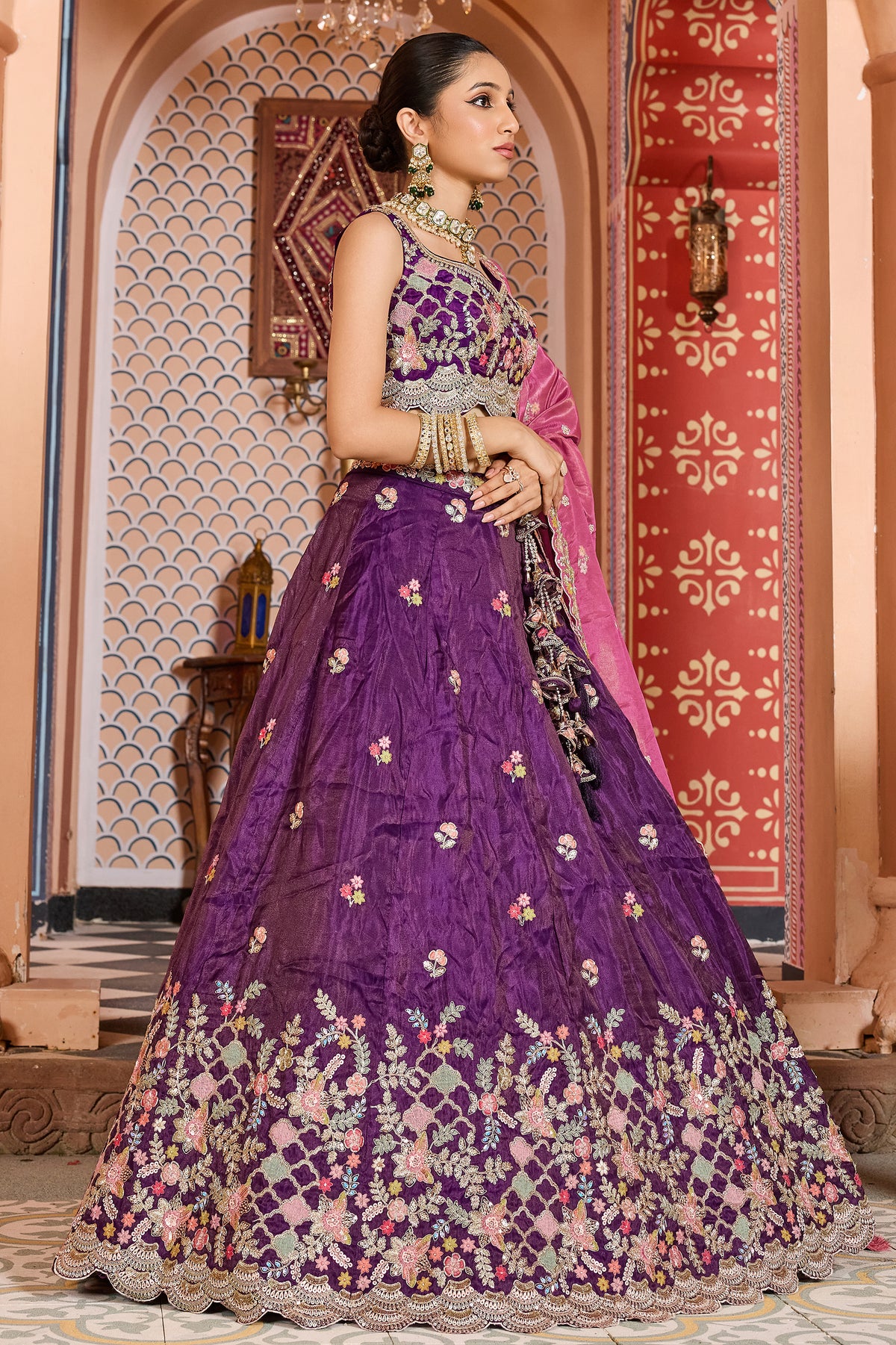 Purple Semi Stitched Embroidered Tissue Lehenga-SAR12849_7_SareeButa.com