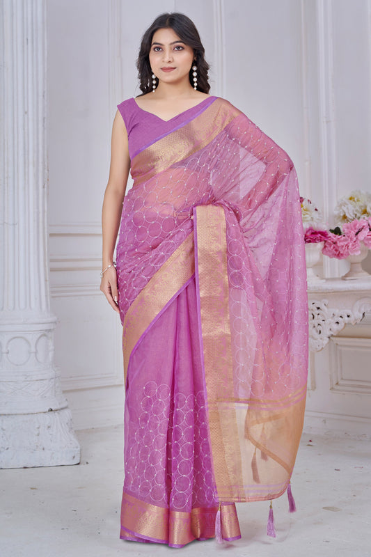 Purple Stone Work Jacquard Saree-SAR10744_1_SareeButa.com