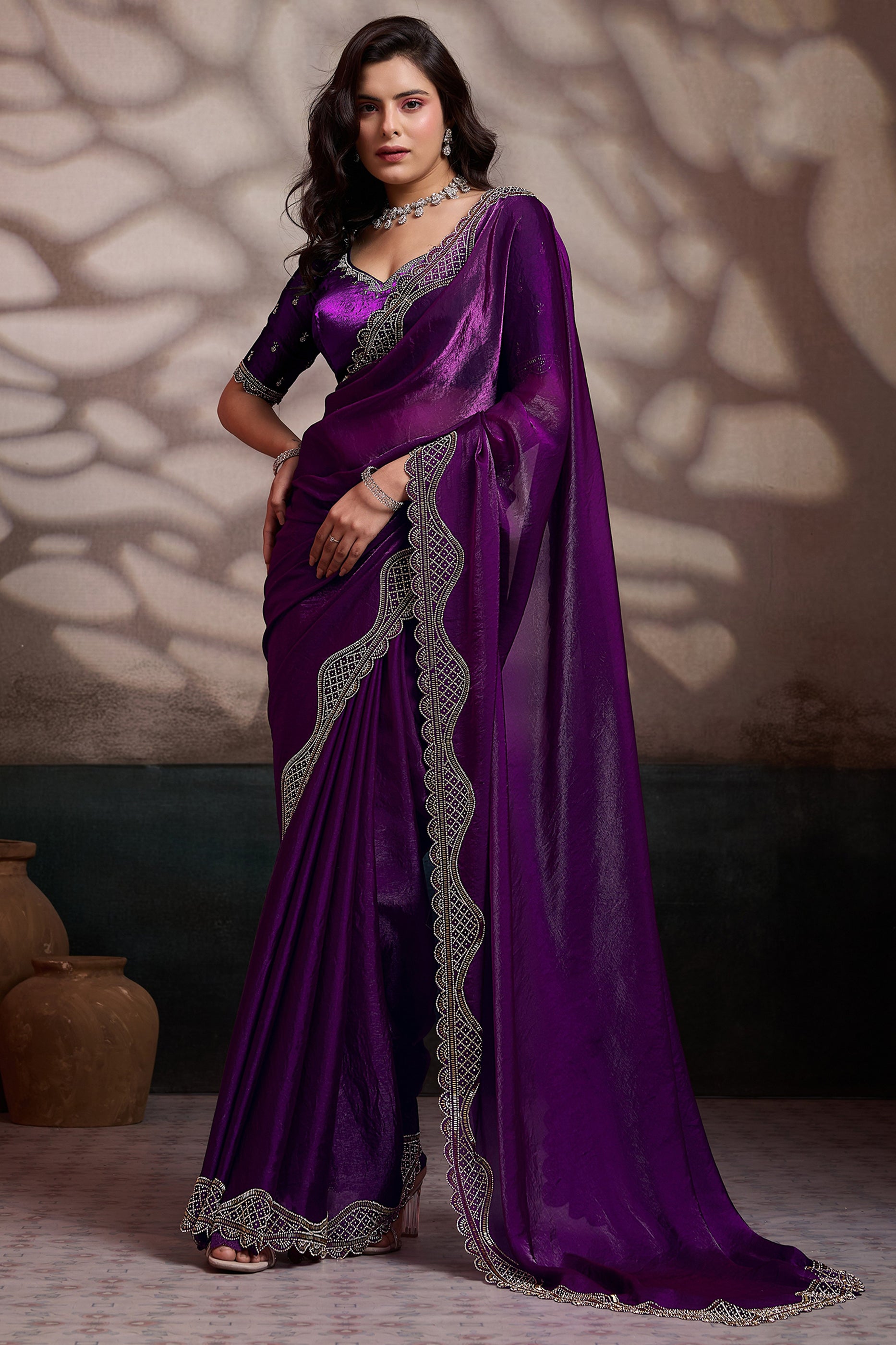 Purple Stone Work Metallic Satin Saree-SAR12538_1_SareeButa.com