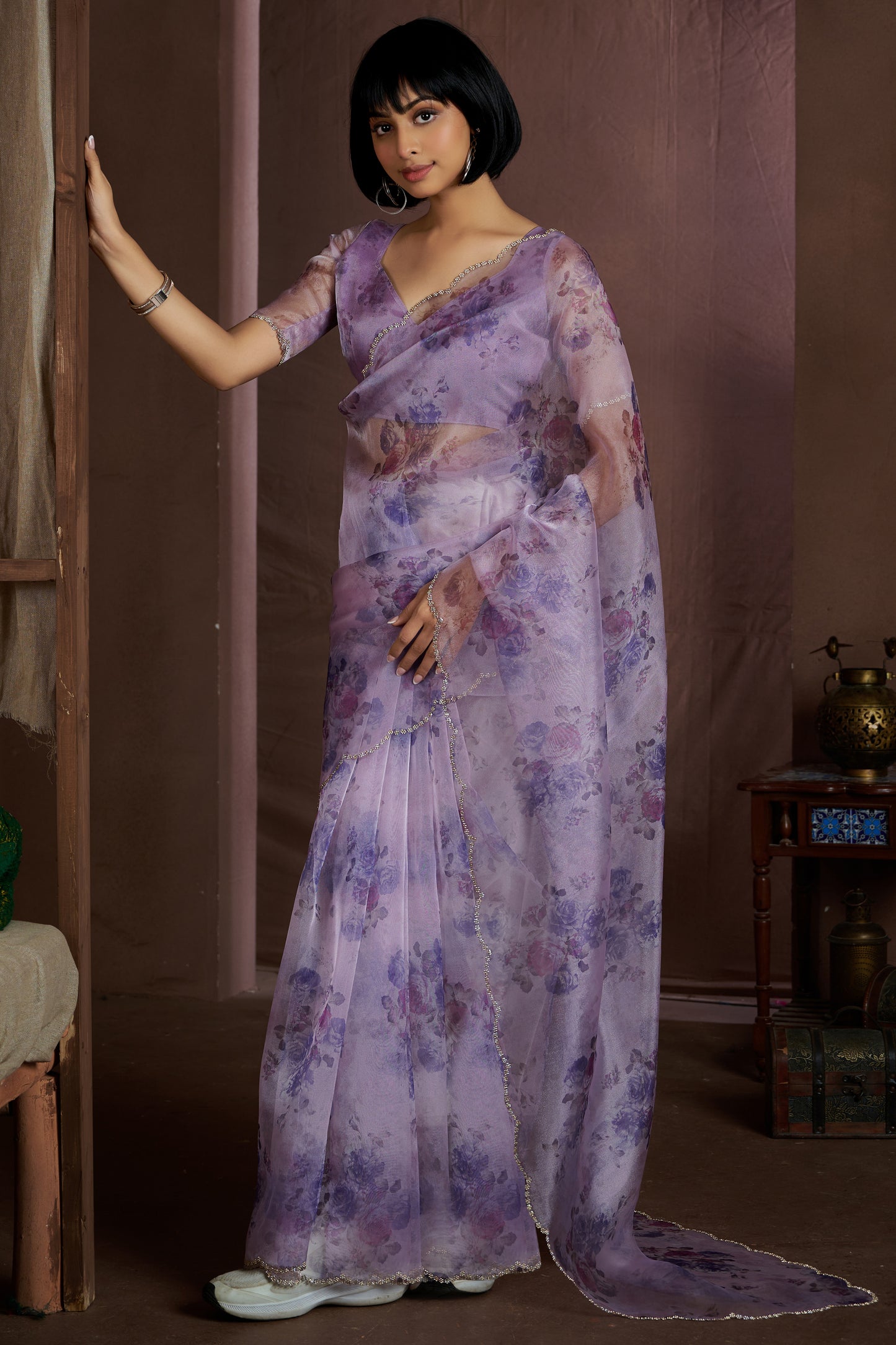 Purple Stone Work Organza Saree