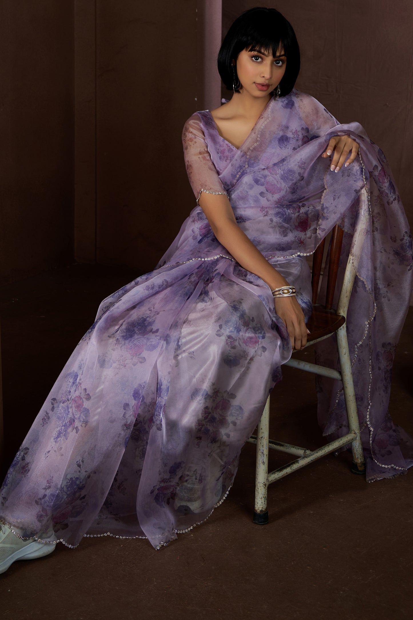 Purple Stone Work Organza Saree