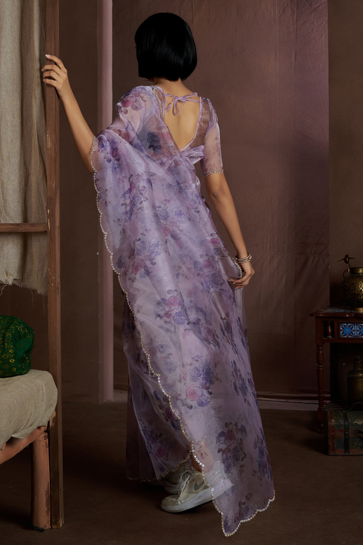 Purple Stone Work Organza Saree