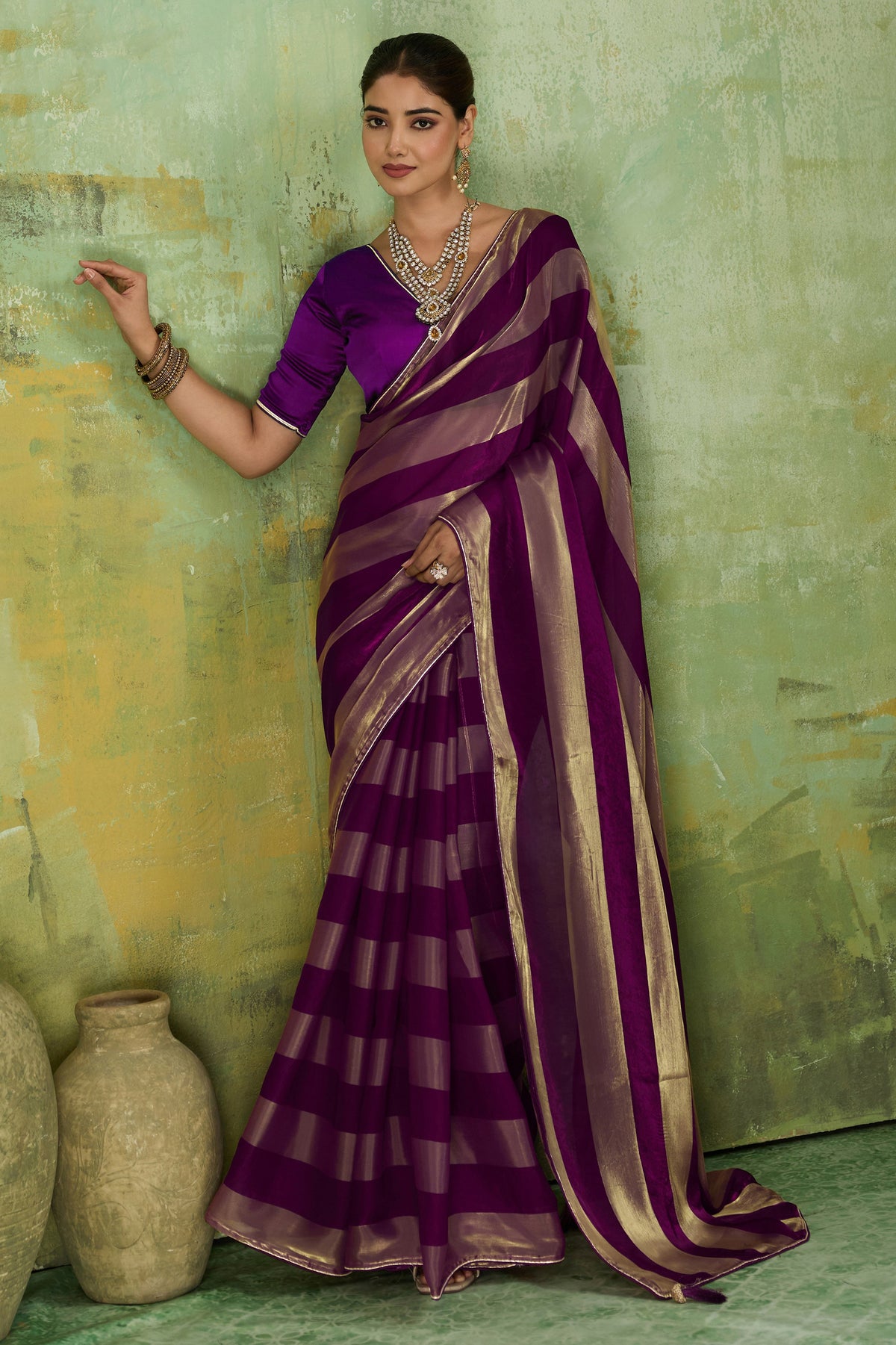 Purple Velvet Satin Saree With Metallic Patta-SAR12946_1_SareeButa.com