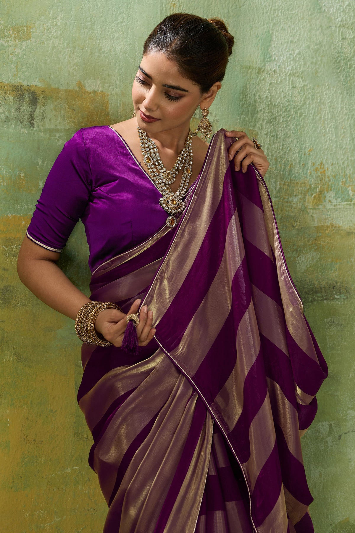 Purple Velvet Satin Saree With Metallic Patta-SAR12946_2_SareeButa.com
