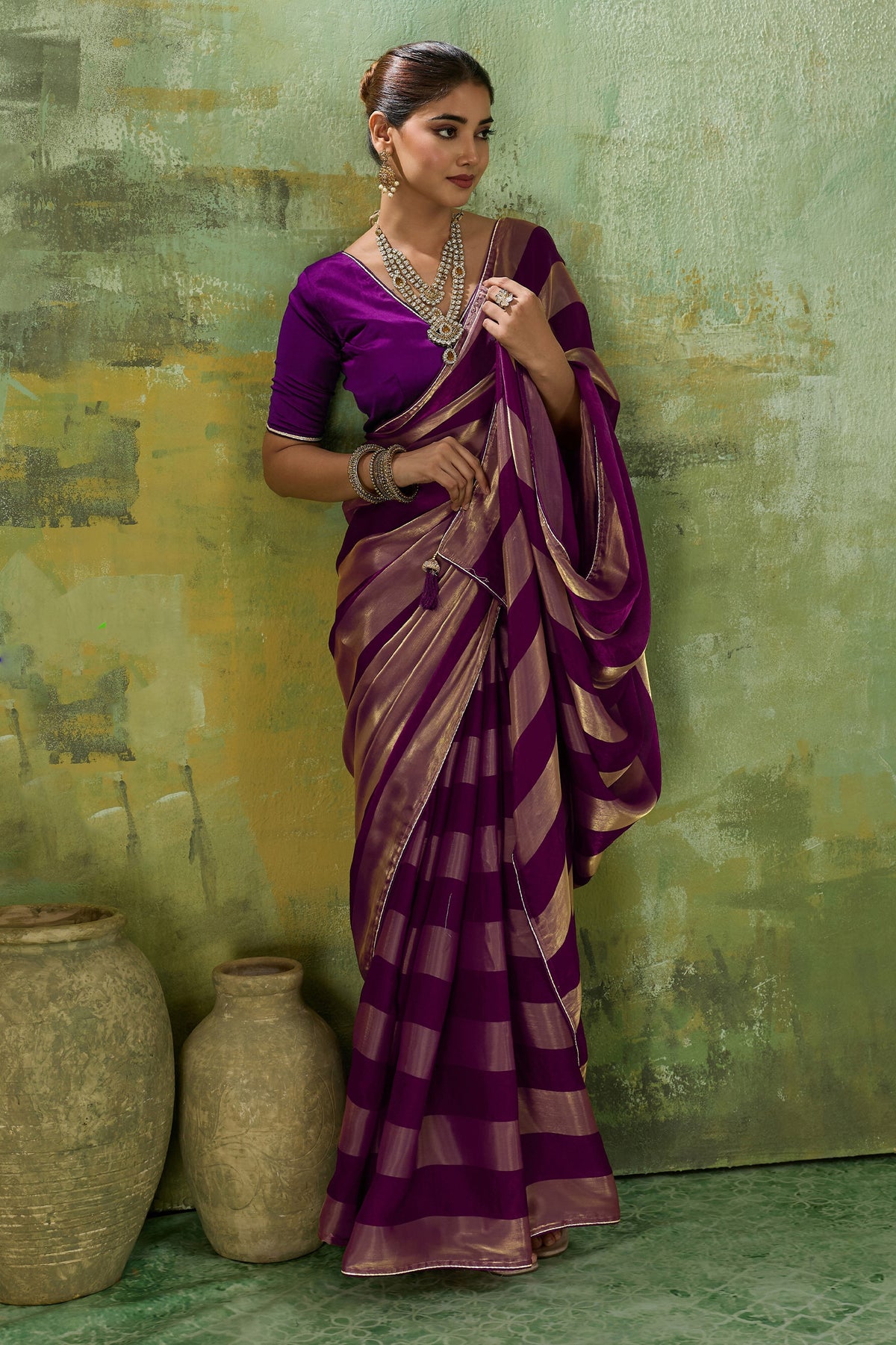 Purple Velvet Satin Saree With Metallic Patta-SAR12946_3_SareeButa.com