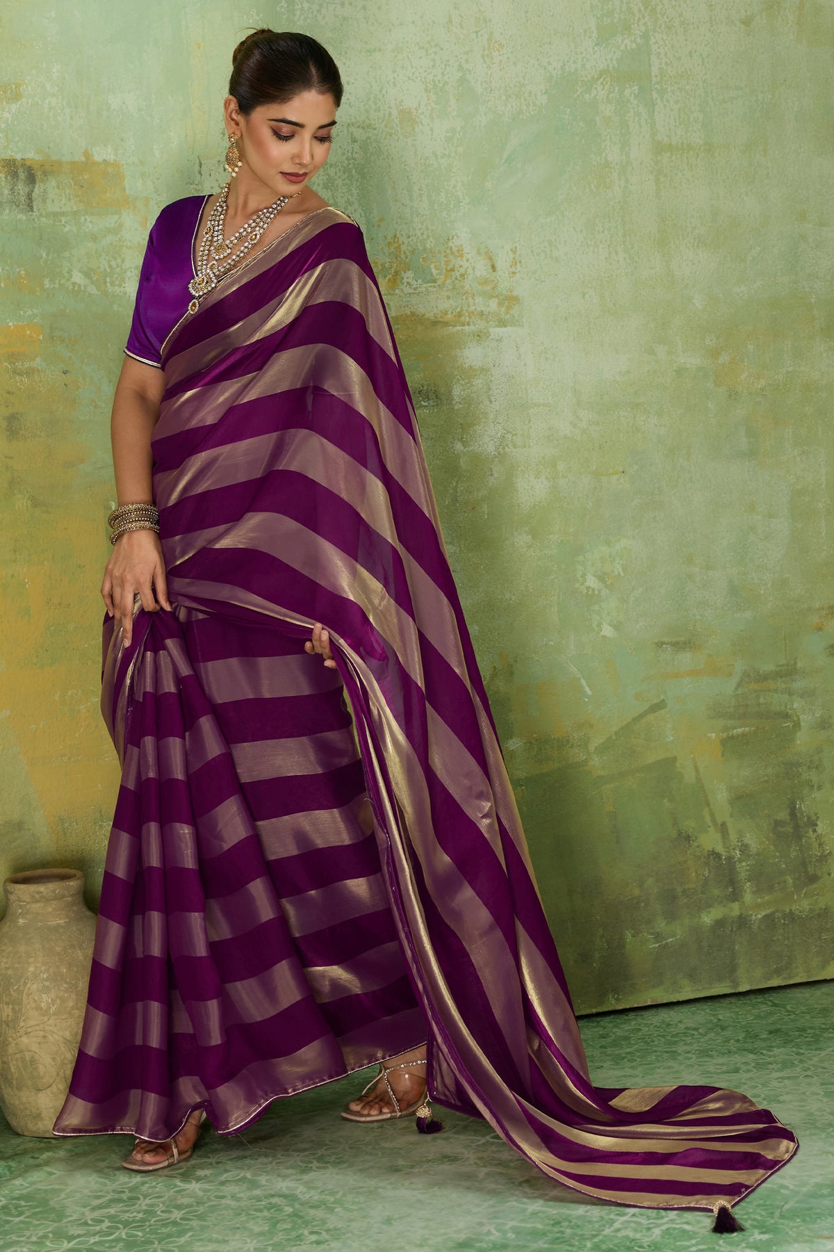 Purple Velvet Satin Saree With Metallic Patta-SAR12946_4_SareeButa.com