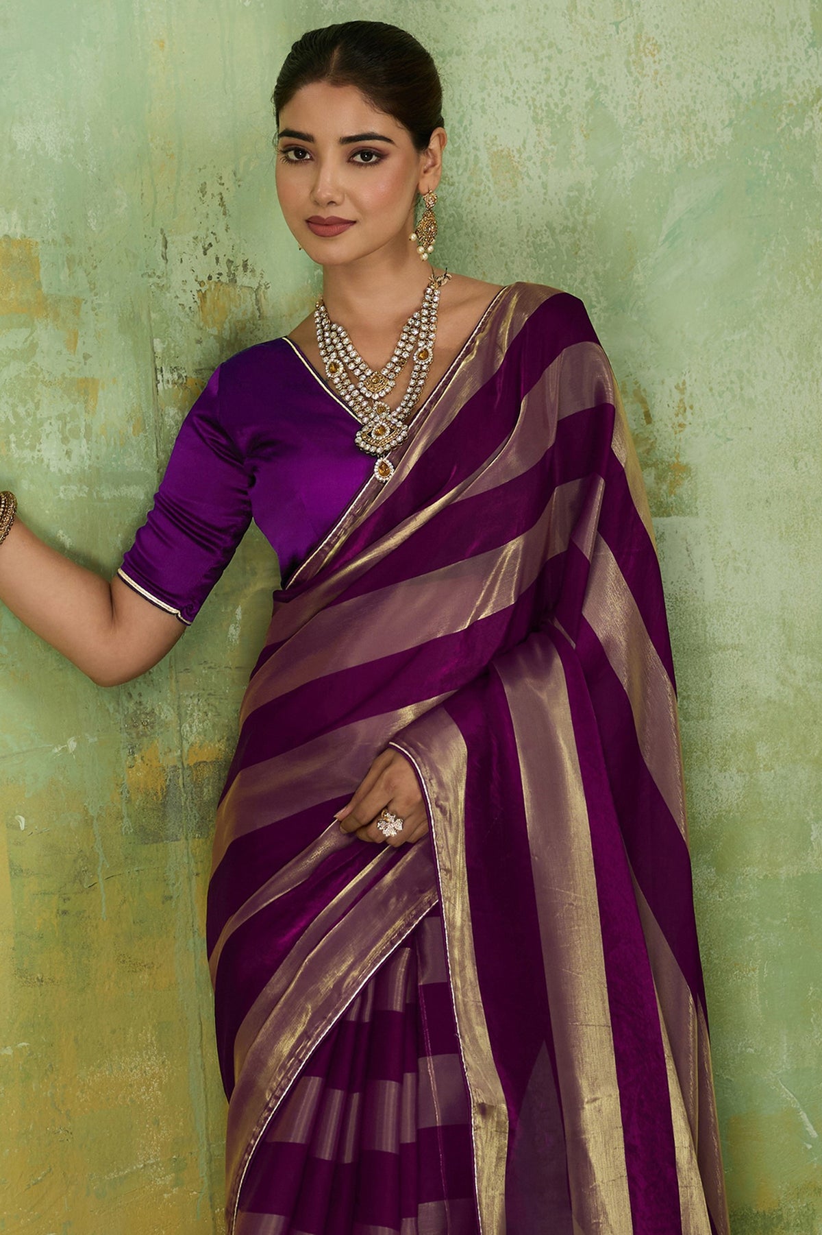 Purple Velvet Satin Saree With Metallic Patta-SAR12946_5_SareeButa.com