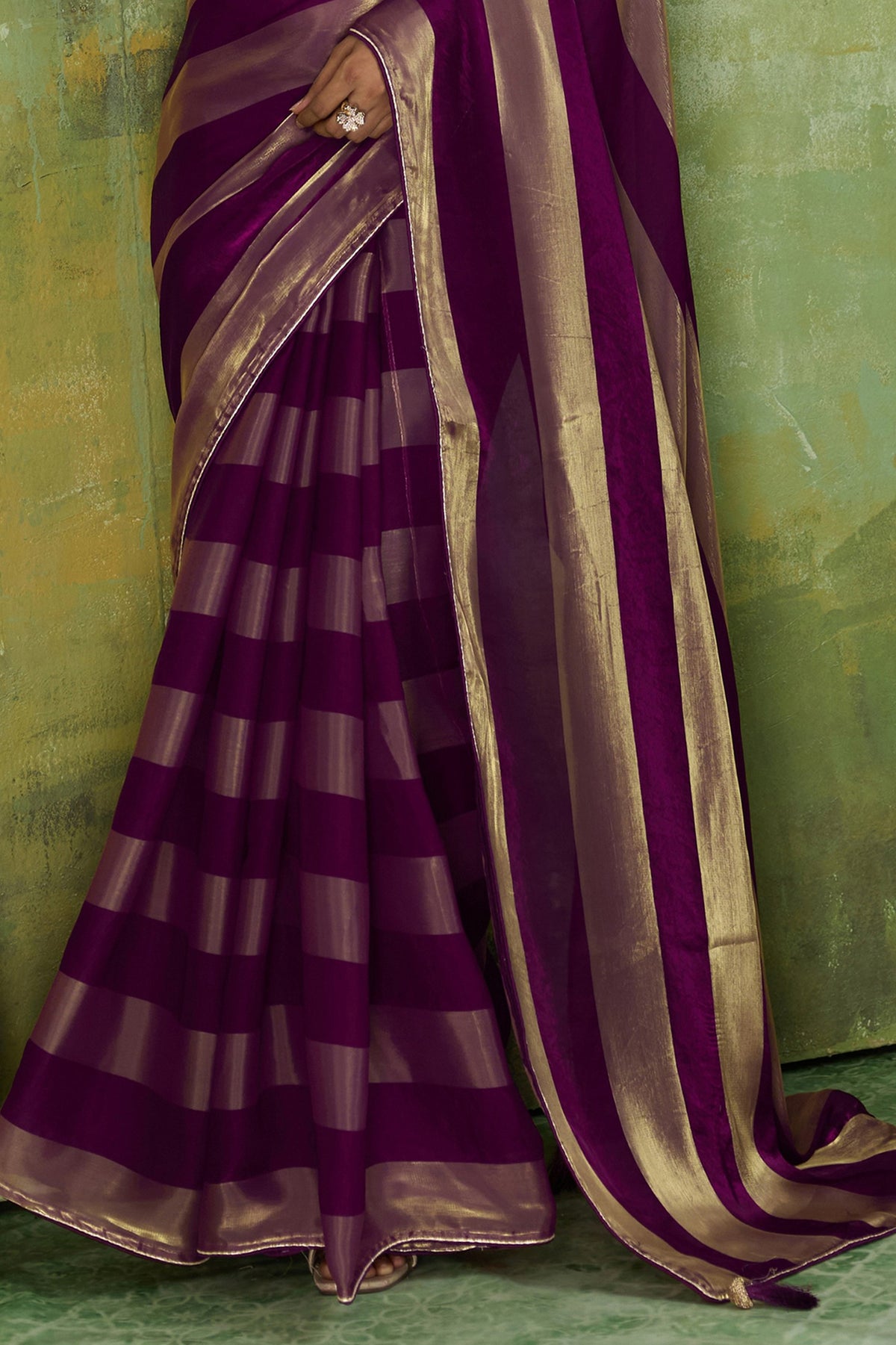 Purple Velvet Satin Saree With Metallic Patta-SAR12946_6_SareeButa.com