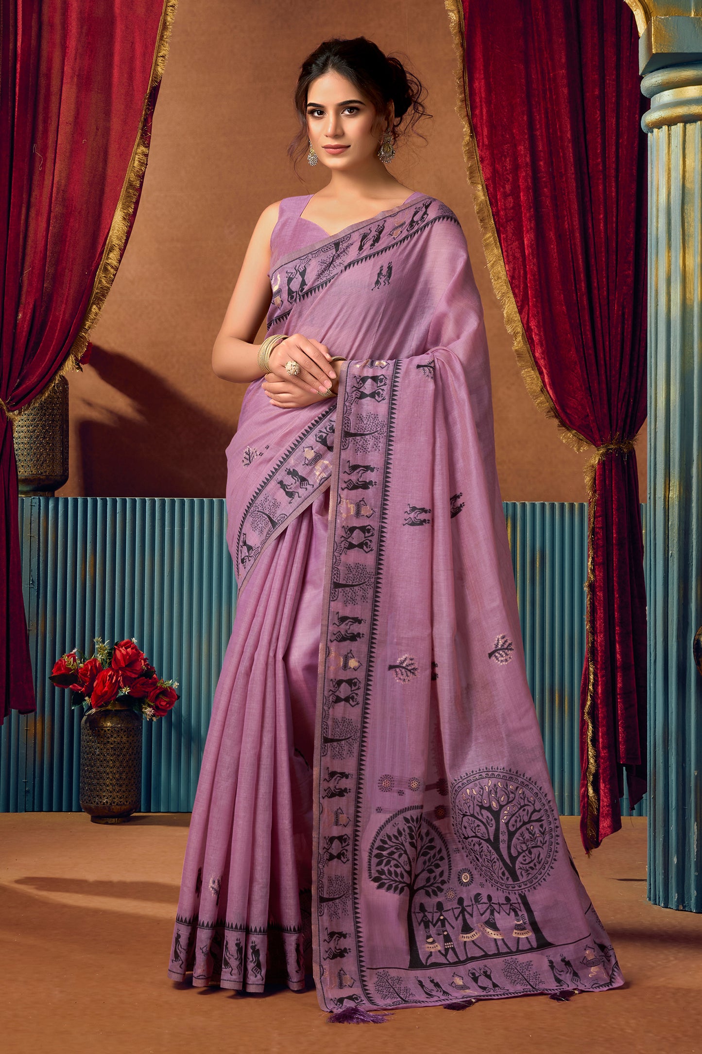 Purple Warli Print Modal Cotton Saree-SAR12689_1_SareeButa.com