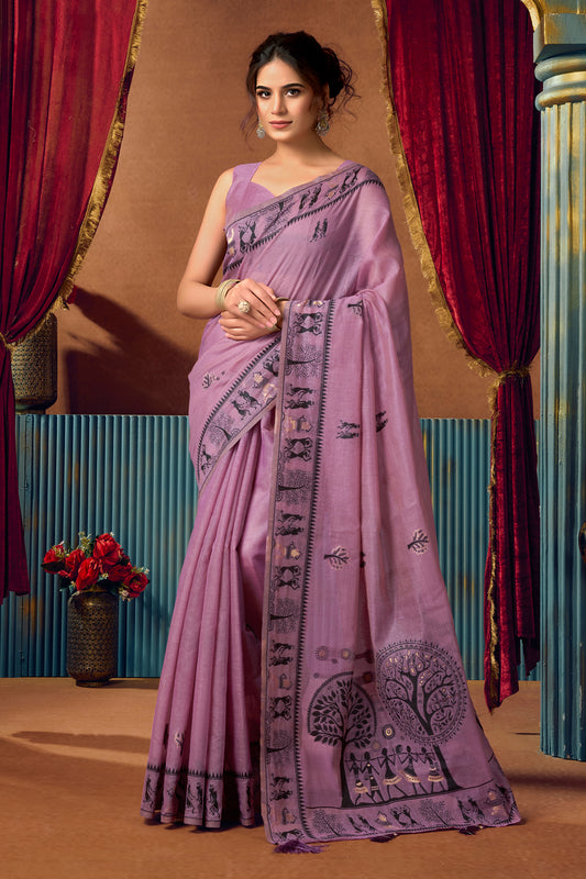 Purple Warli Print Modal Cotton Saree-SAR12689_1_SareeButa.com