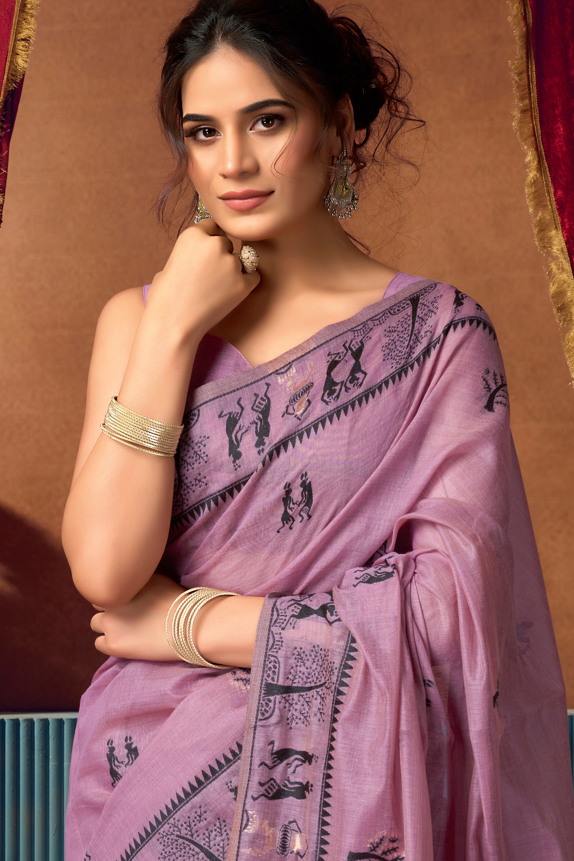 Purple Warli Print Modal Cotton Saree-SAR12689_2_SareeButa.com