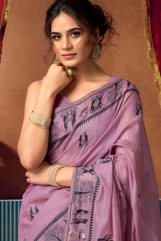 Purple Warli Print Modal Cotton Saree-SAR12689_2_SareeButa.com