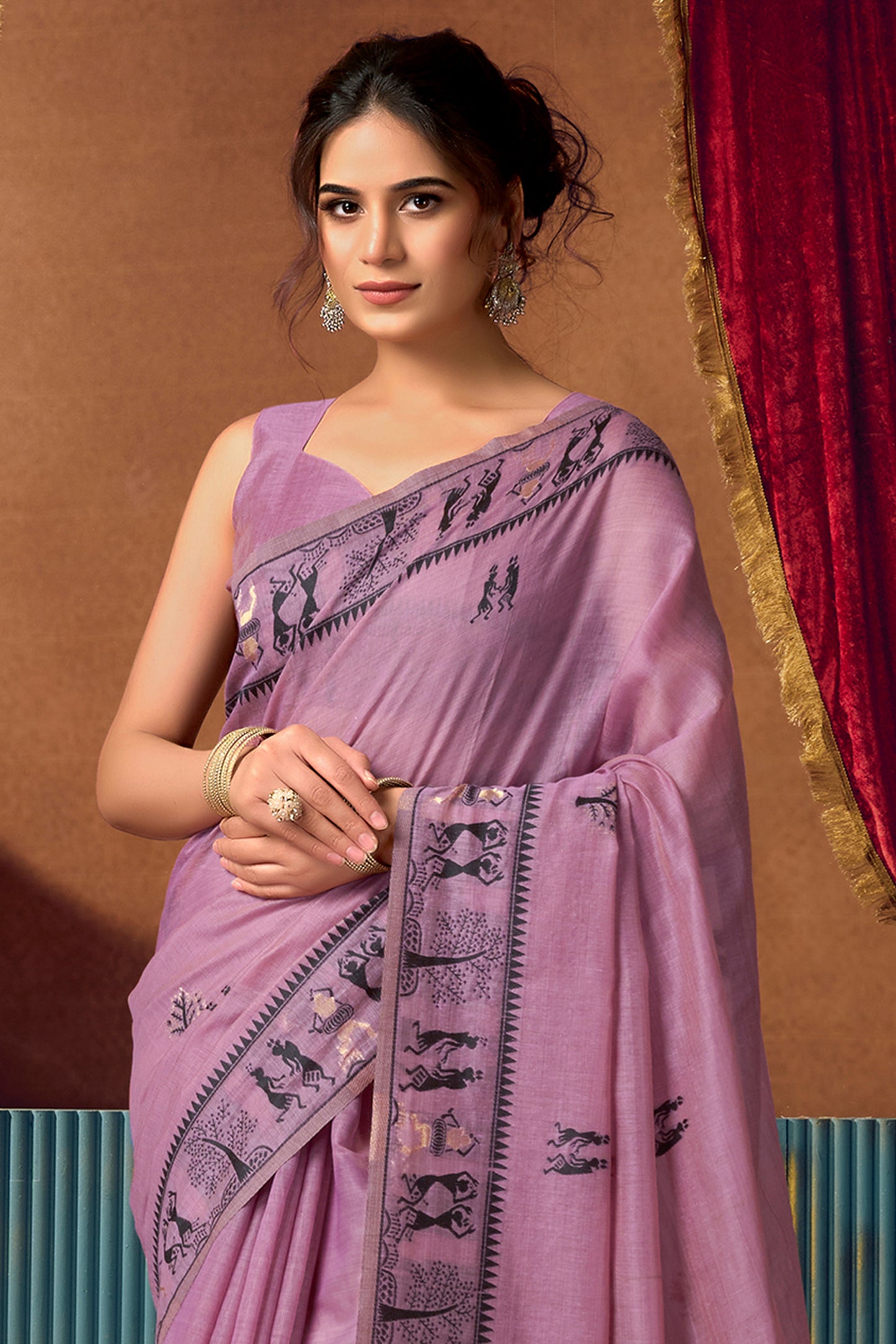 Purple Warli Print Modal Cotton Saree-SAR12689_4_SareeButa.com
