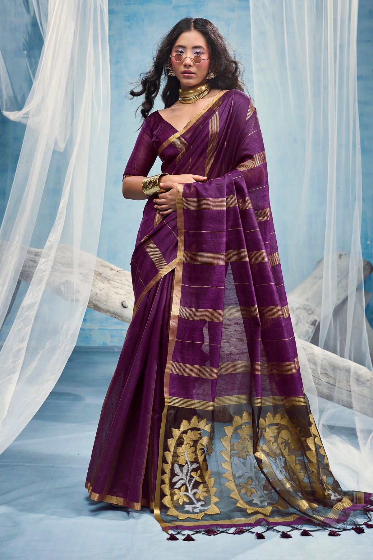 Purple Woven Munga Cotton Saree-SAR12910_1_SareeButa.com