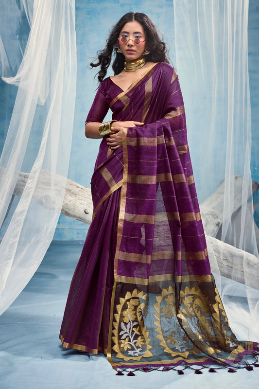 Purple Woven Munga Cotton Saree-SAR12910_1_SareeButa.com