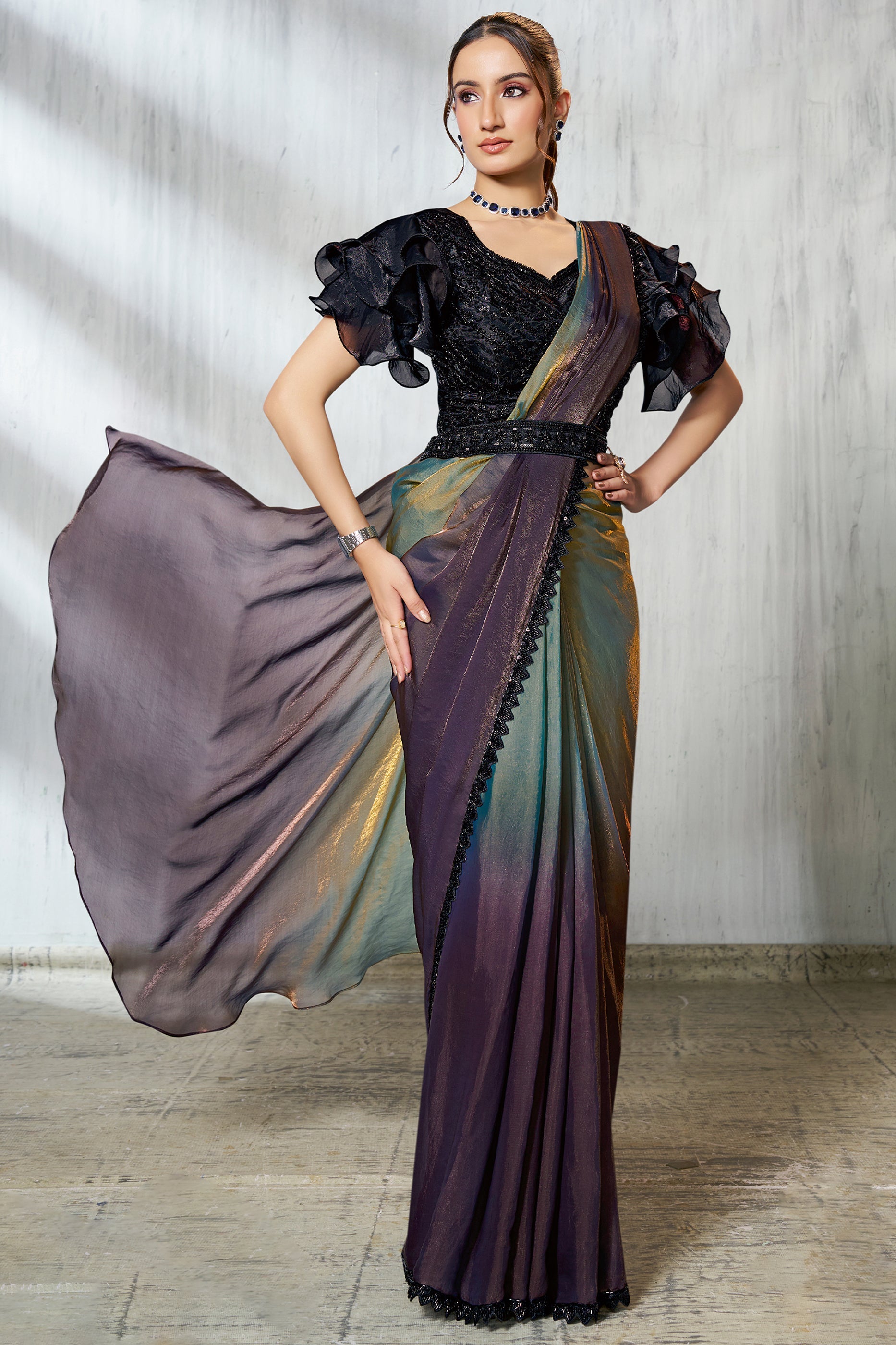Purple and Green Satin Silk Readymade Saree-SAR11130_1_SareeButa.com