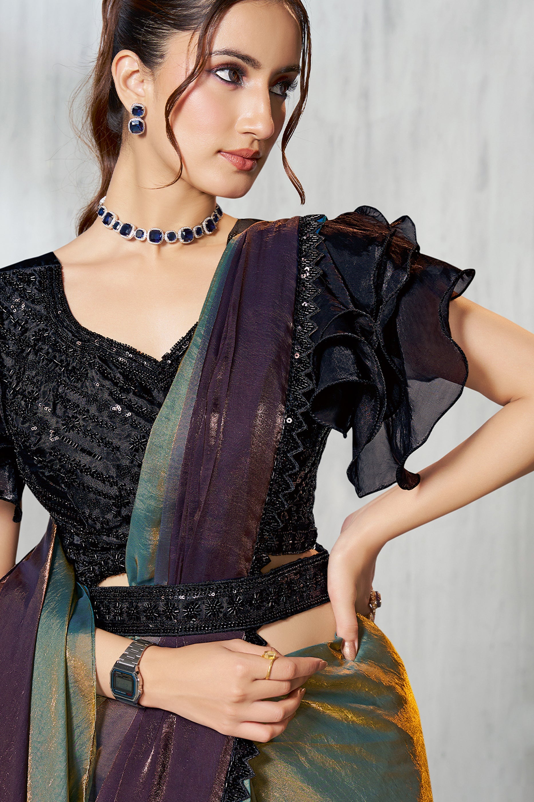 Purple and Green Satin Silk Readymade Saree-SAR11130_2_SareeButa.com