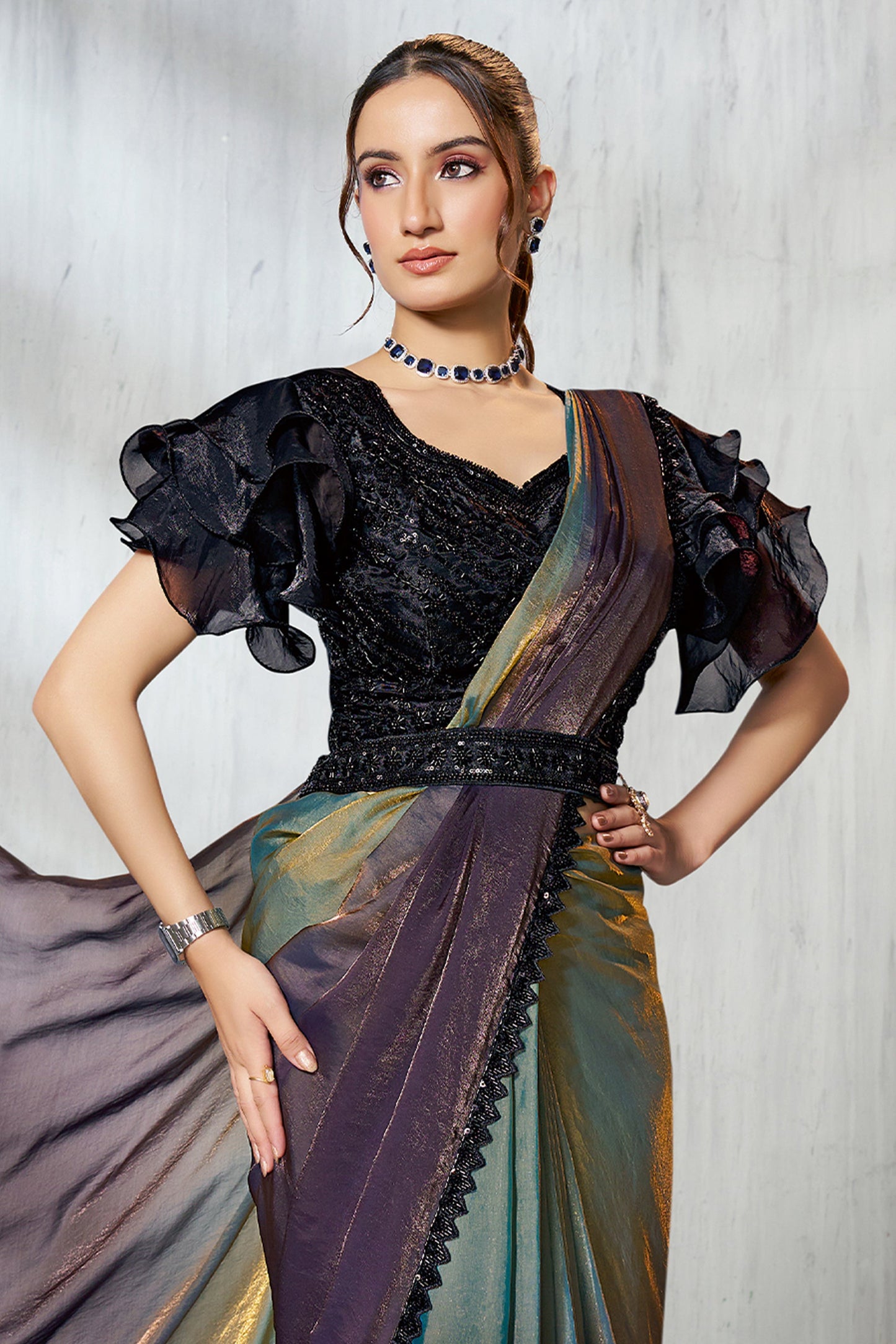 Purple and Green Satin Silk Readymade Saree-SAR11130_3_SareeButa.com