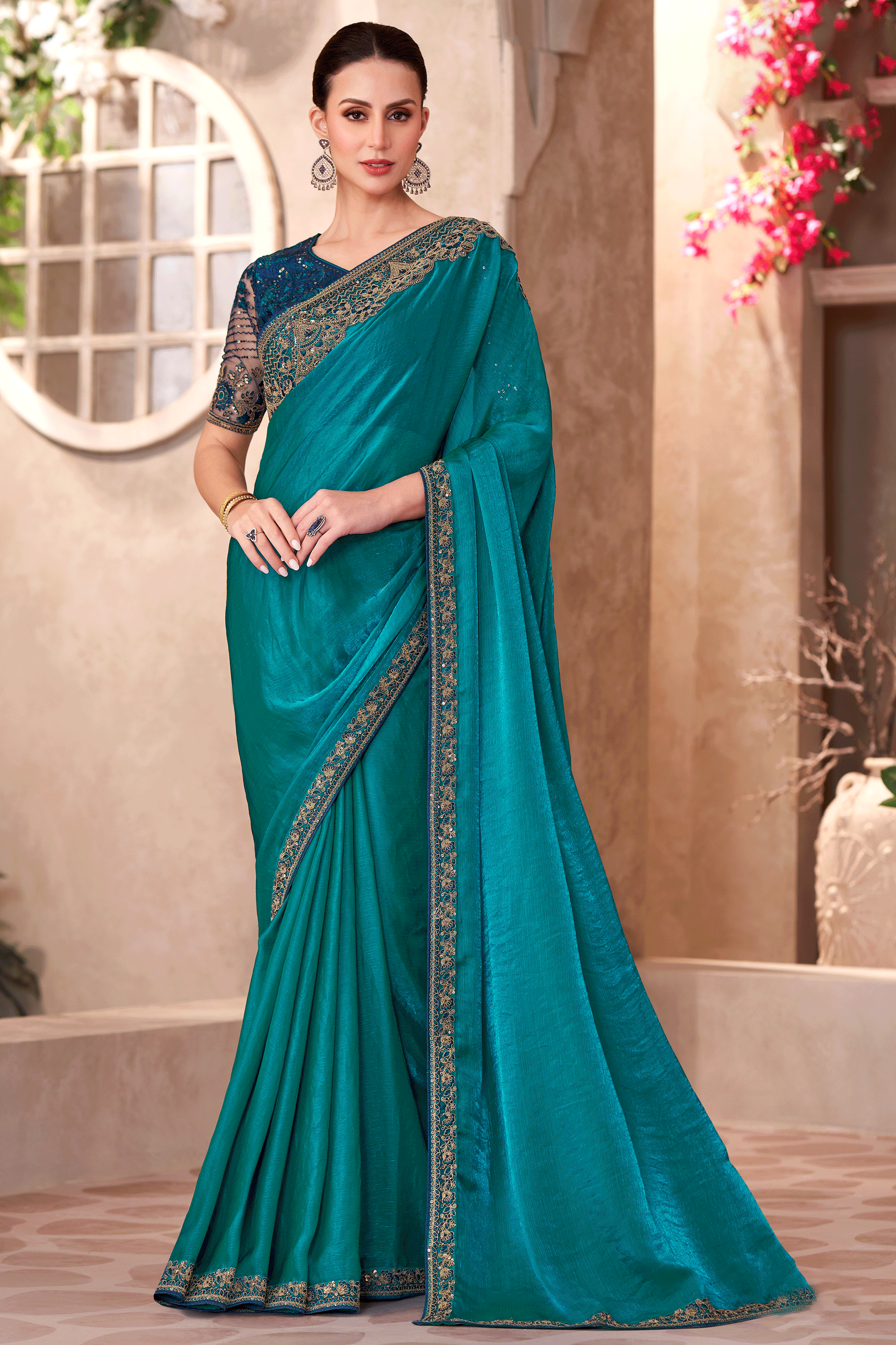 Rama Blue Embroidered Satin Georgette Saree-ZB134906_1_SareeButa.com