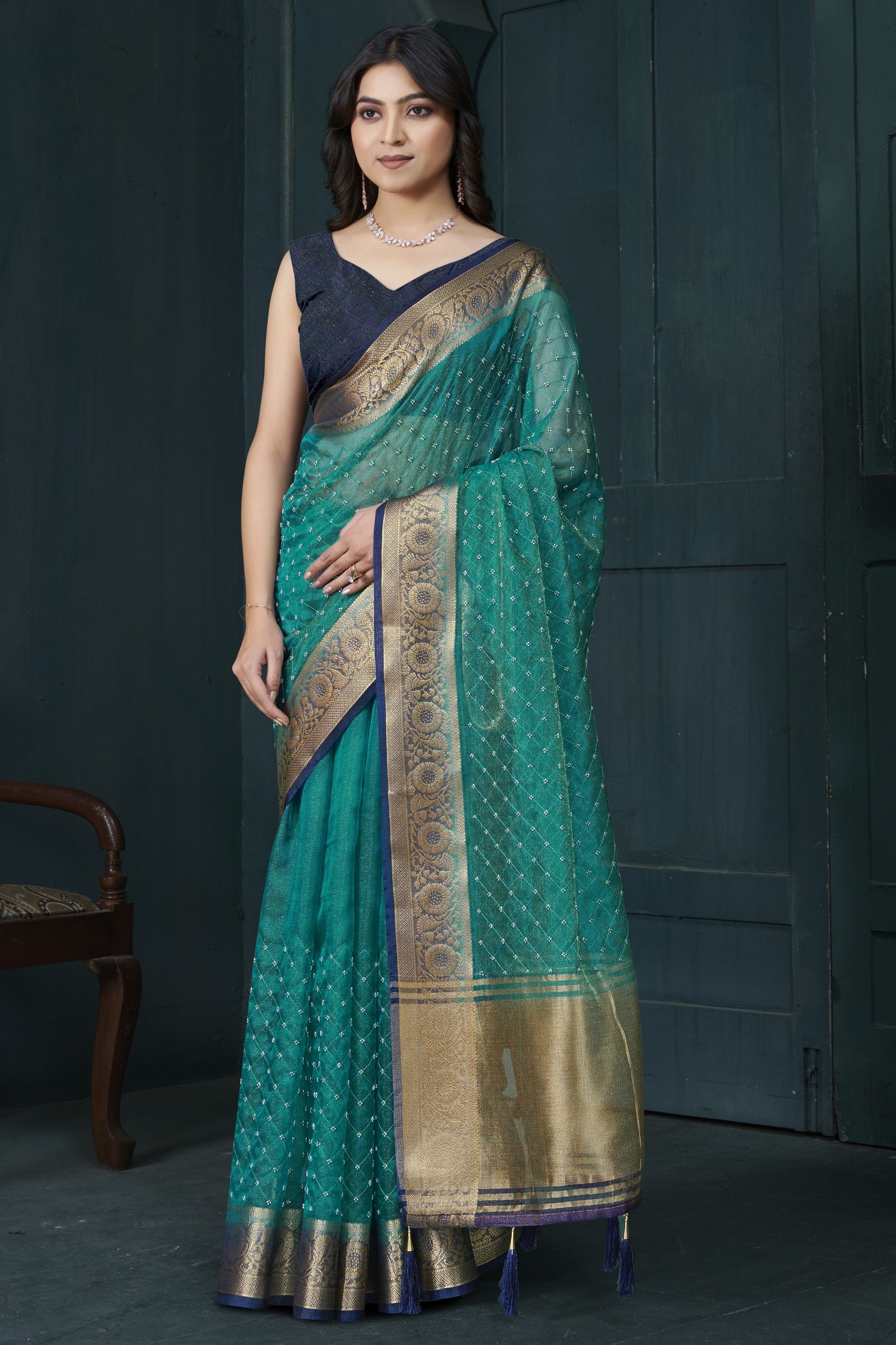 Rama Blue Bead Work Jacquard Saree-ZB134216_1_SareeButa.com