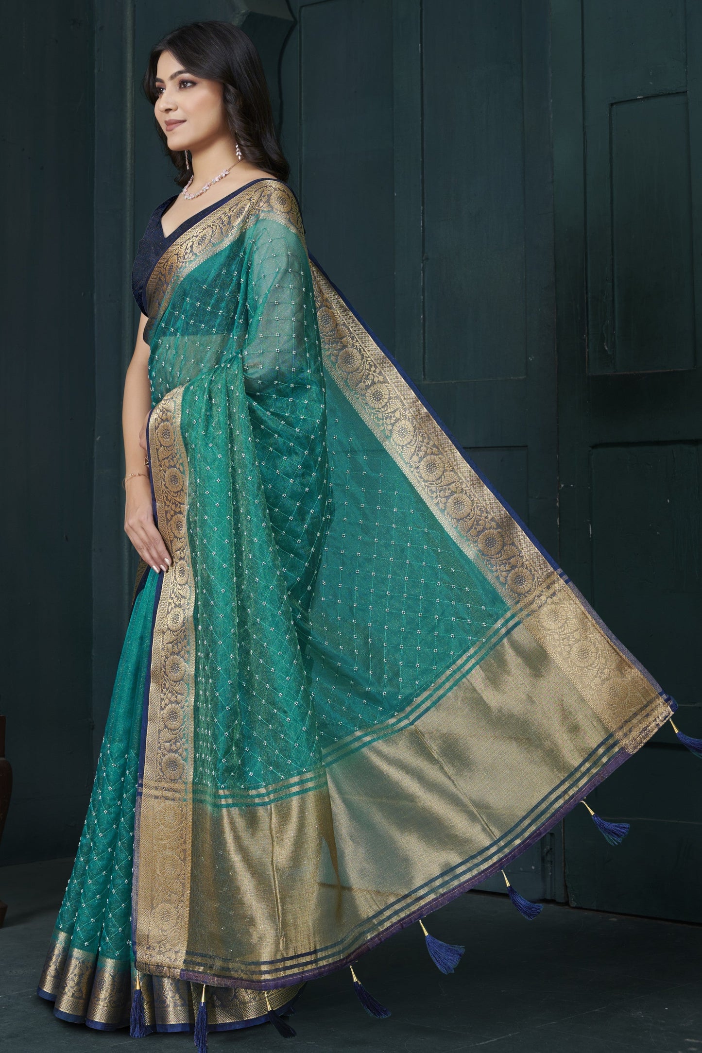 Rama Blue Bead Work Jacquard Saree-ZB134216_3_SareeButa.com
