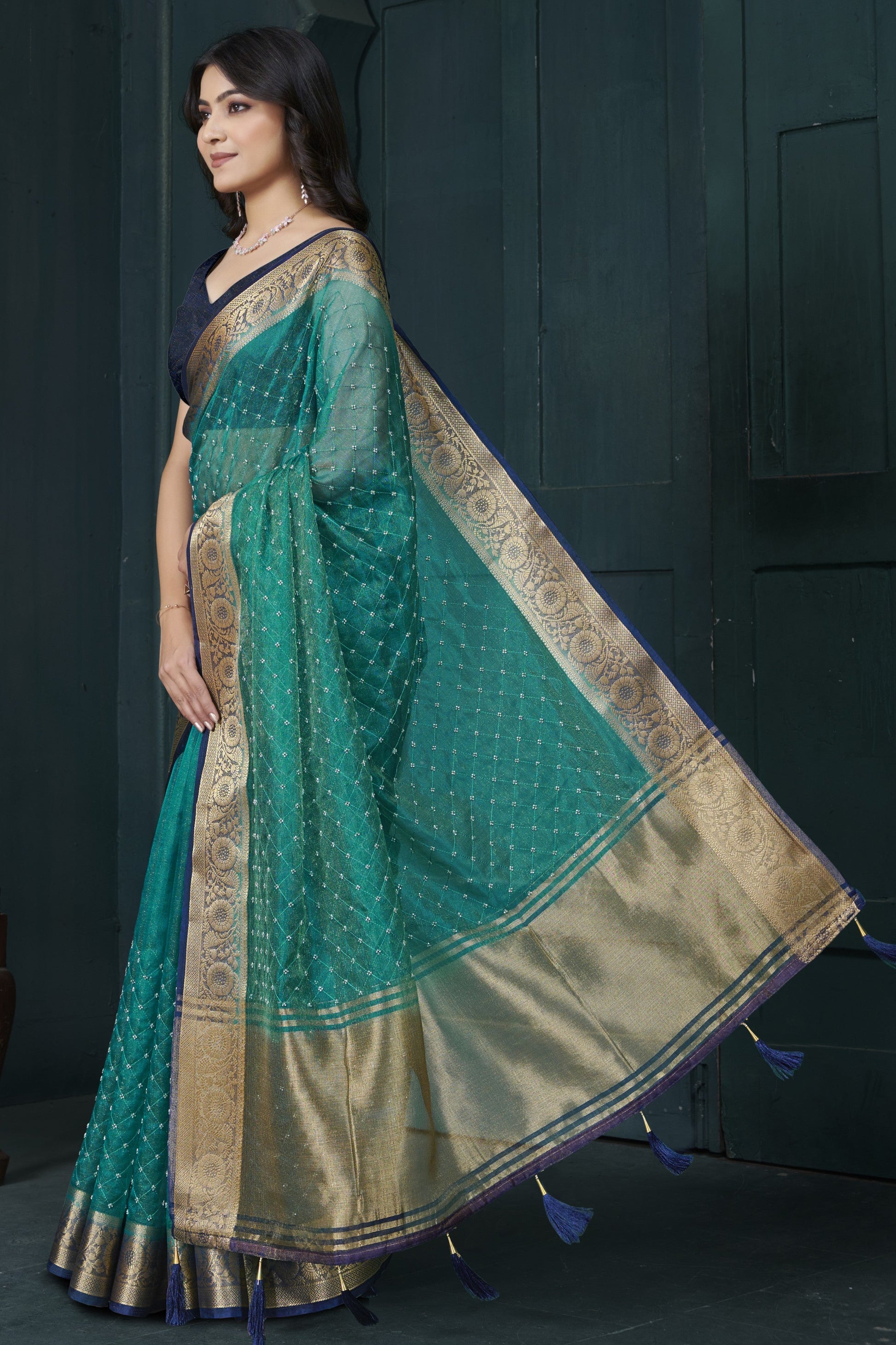 Rama Blue Bead Work Jacquard Saree-ZB134216_3_SareeButa.com