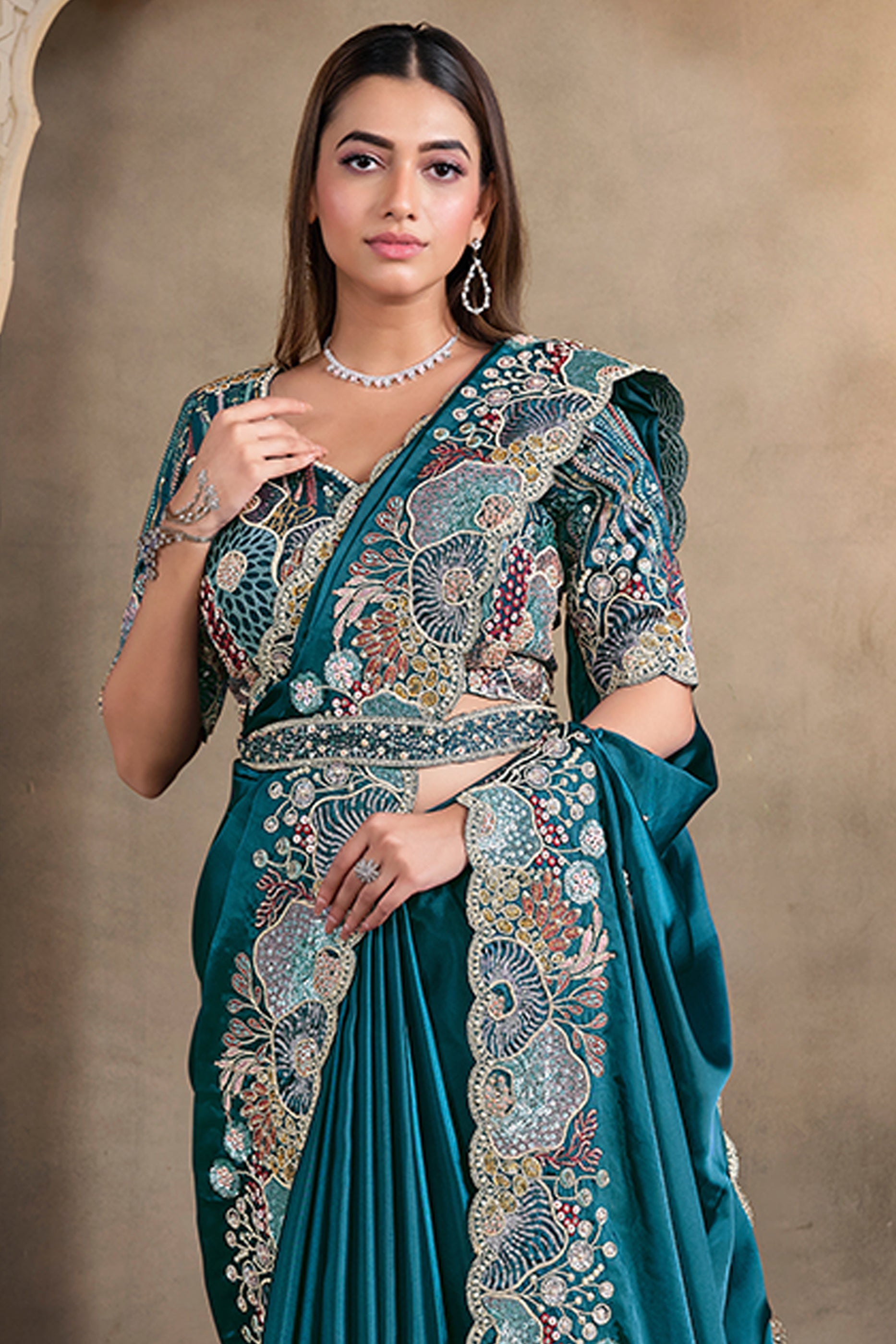 Rama Blue Embroidered Crush Satin Silk Saree-SAR10881_2_SareeButa.com