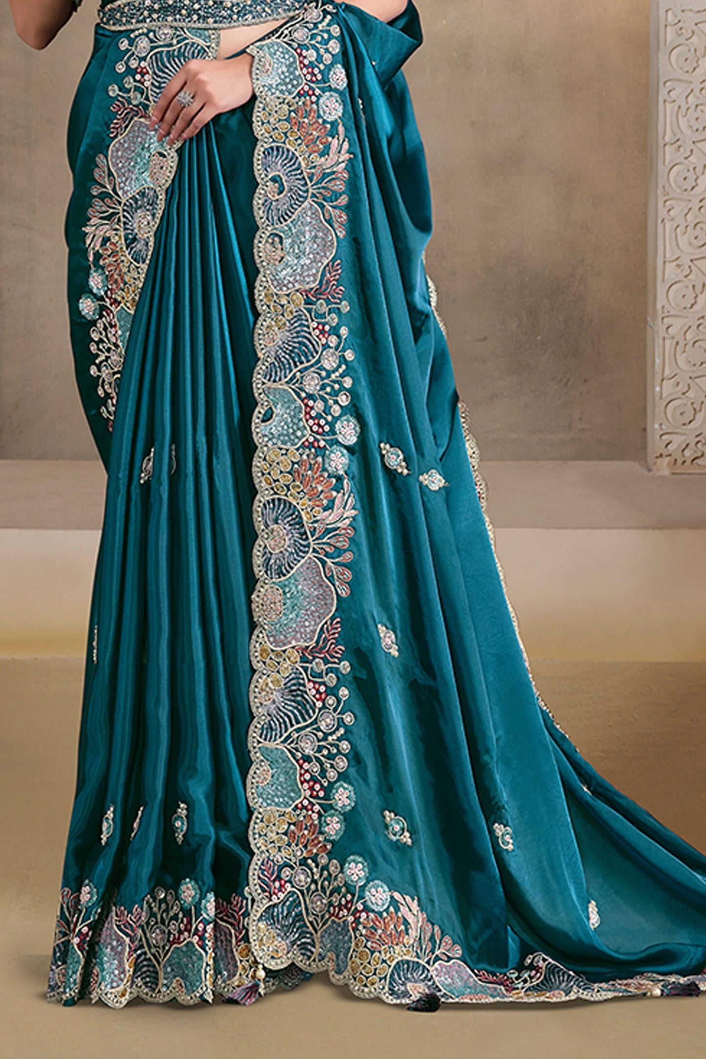 Rama Blue Embroidered Crush Satin Silk Saree-SAR10881_3_SareeButa.com